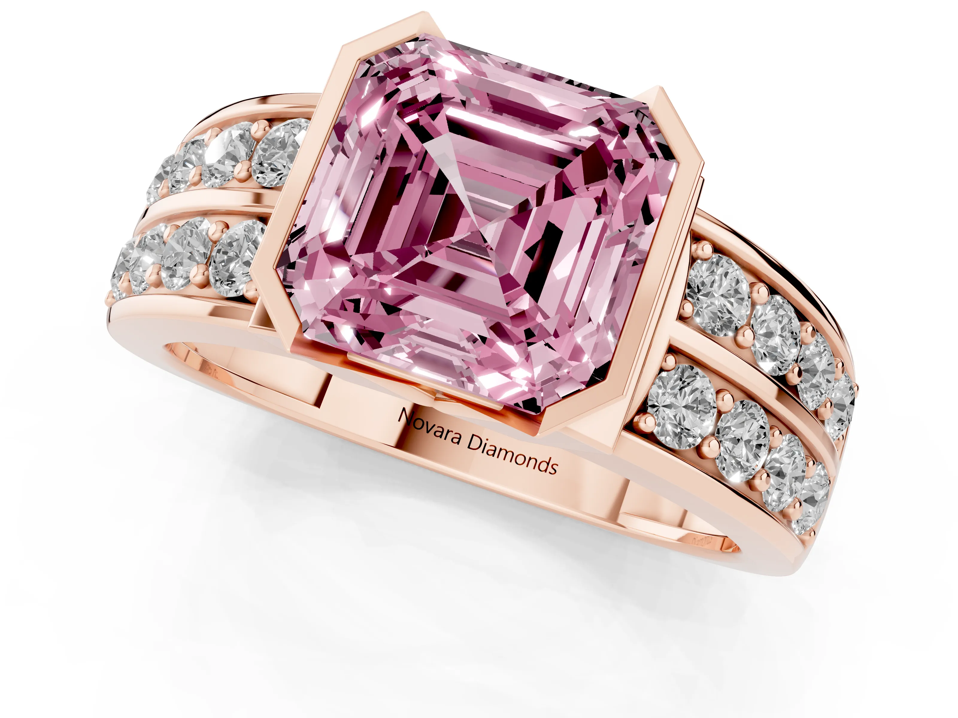 Fancy Pink Asscher Cut Diamond Wide Channel Set Band Ring Set in Rose gold with Bezel Setting