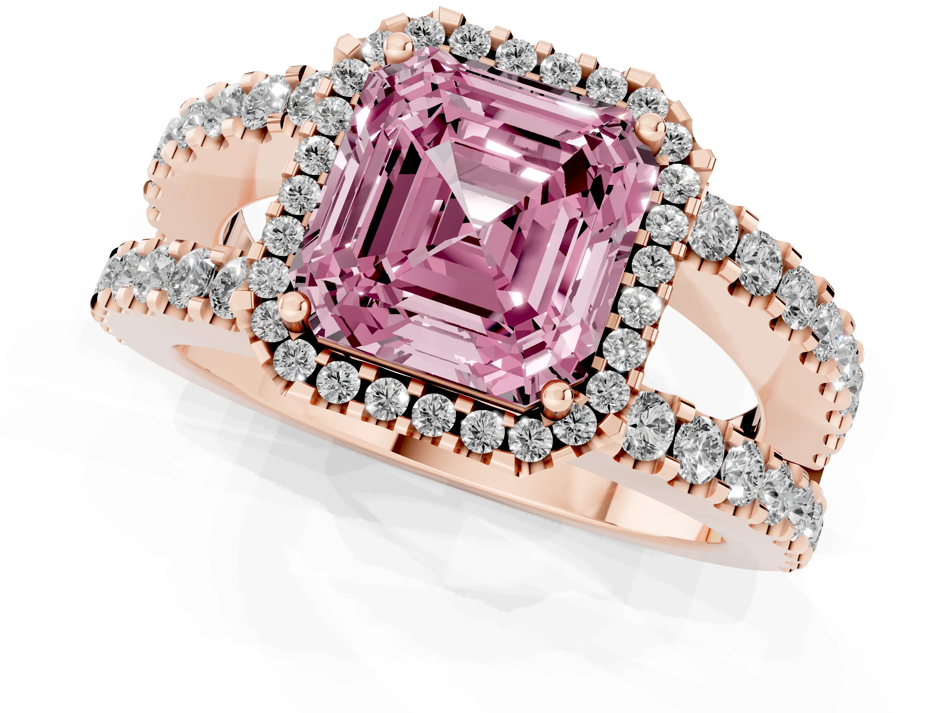 Fancy Pink Asscher Cut Diamond Halo Ring Set in Rose gold with Pavé Split Shank and Prong Setting