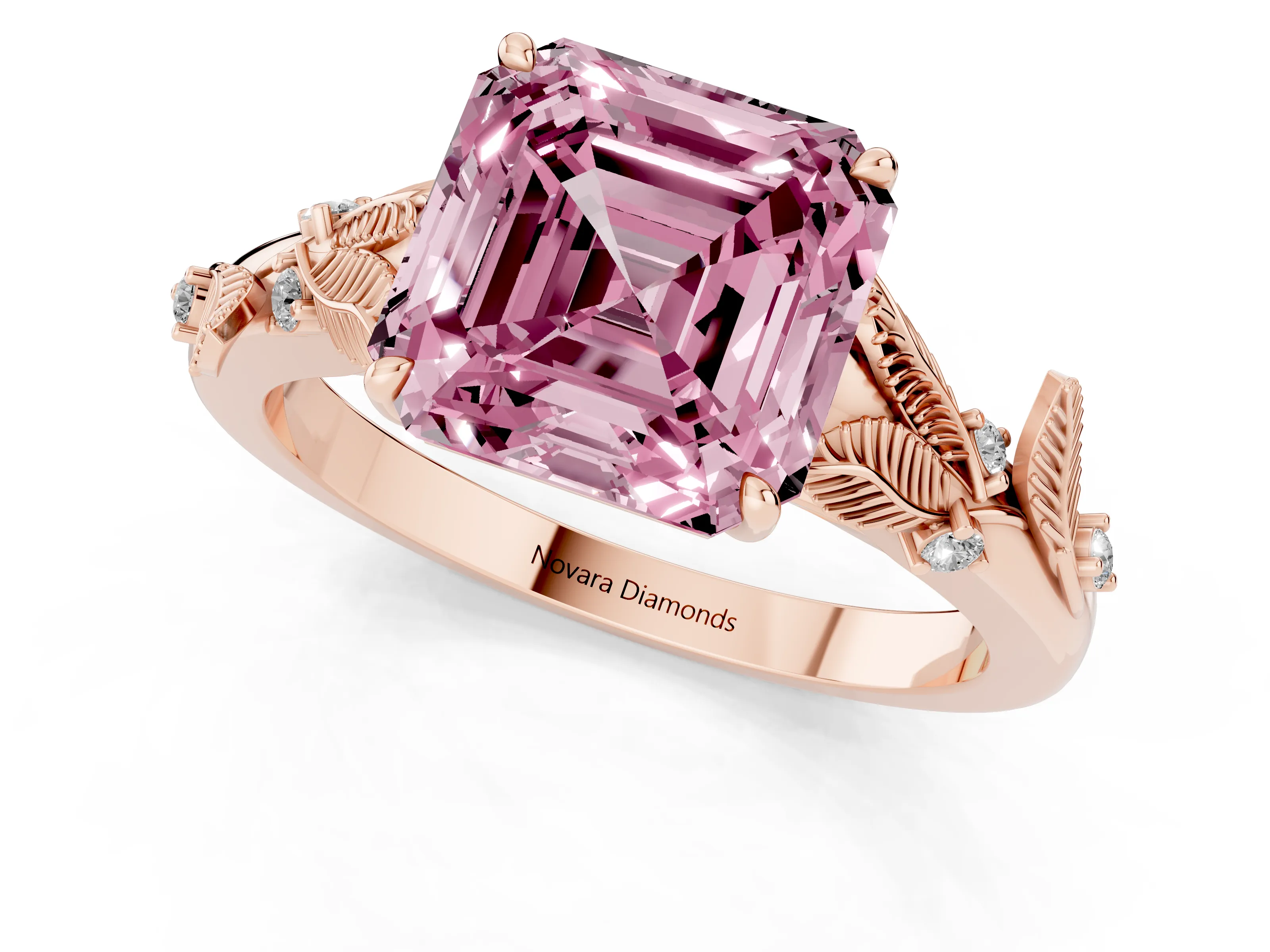 Fancy Pink Asscher Cut Diamond Solitaire Ring Set in Rose gold with Leaf Motif Band