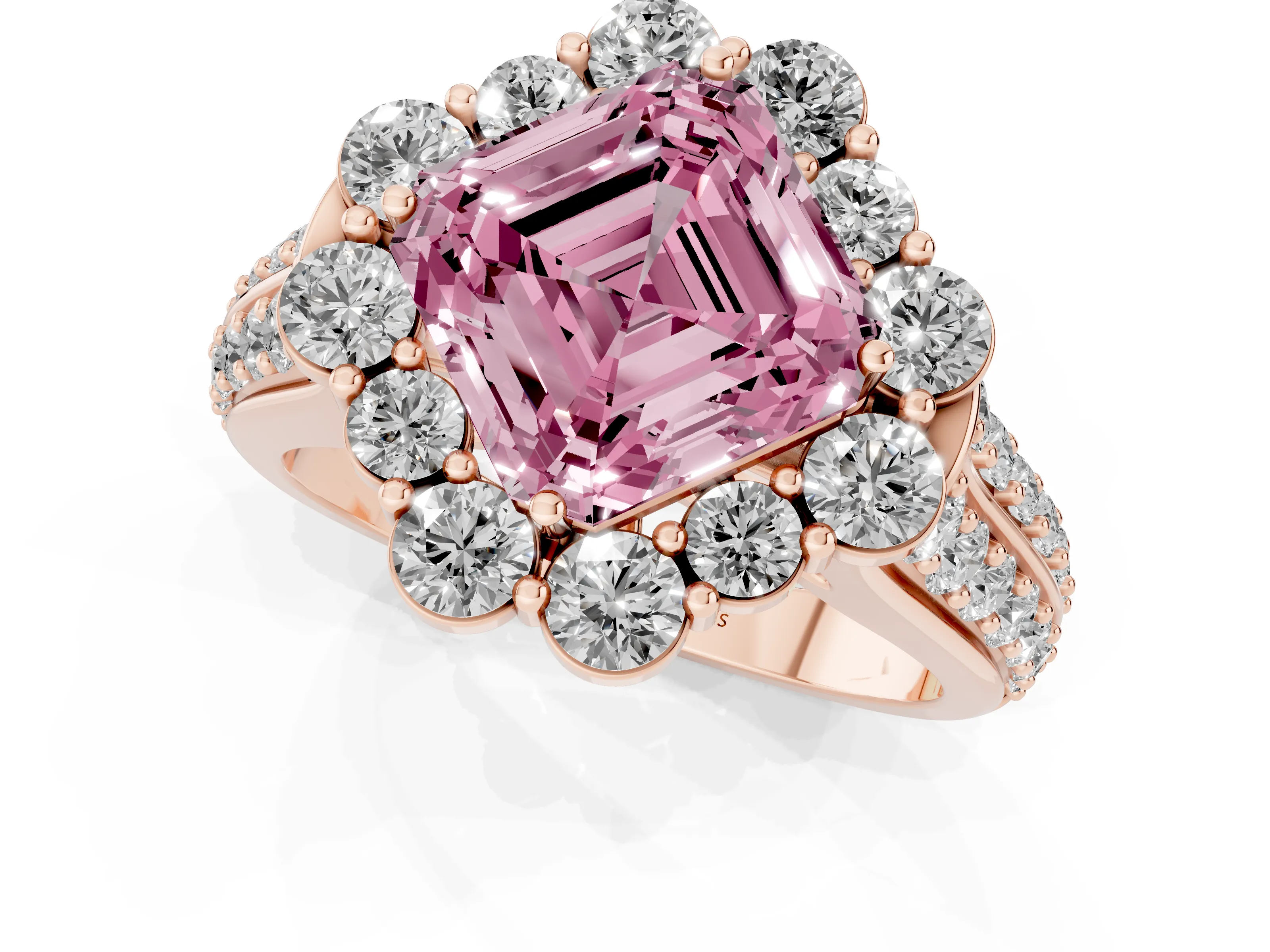 Fancy Pink Asscher Cut Diamond Halo Engagement Ring Set in Rose gold with Split Shank and Prong Setting