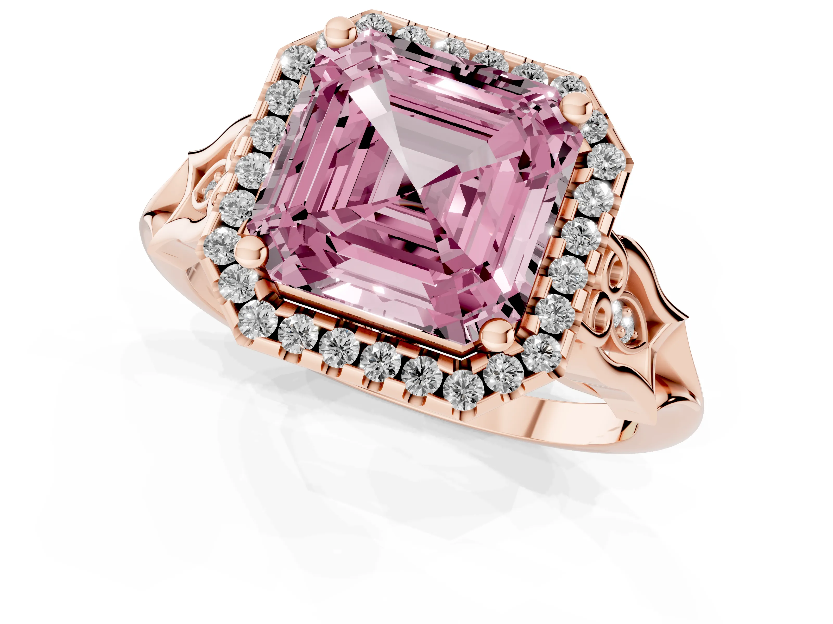 Fancy Pink Asscher Cut Diamond Halo Engagement Ring Set in Rose gold with Filigree Band and Prong-Set Center