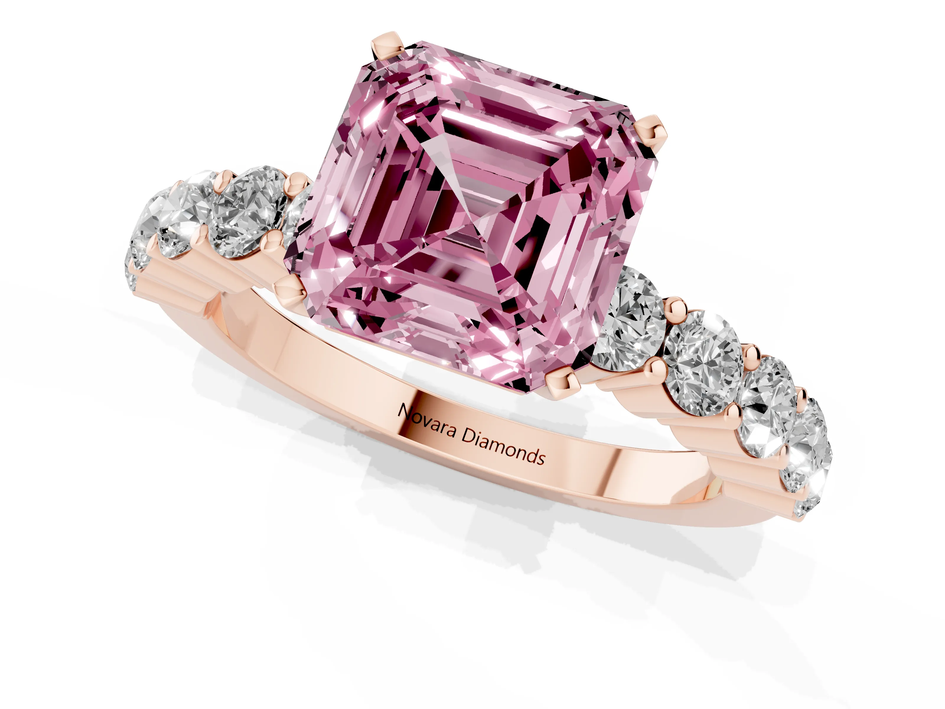 Fancy Pink Asscher Cut Diamond Solitaire Ring Set in Rose gold with Shared Prong Round Side Stones