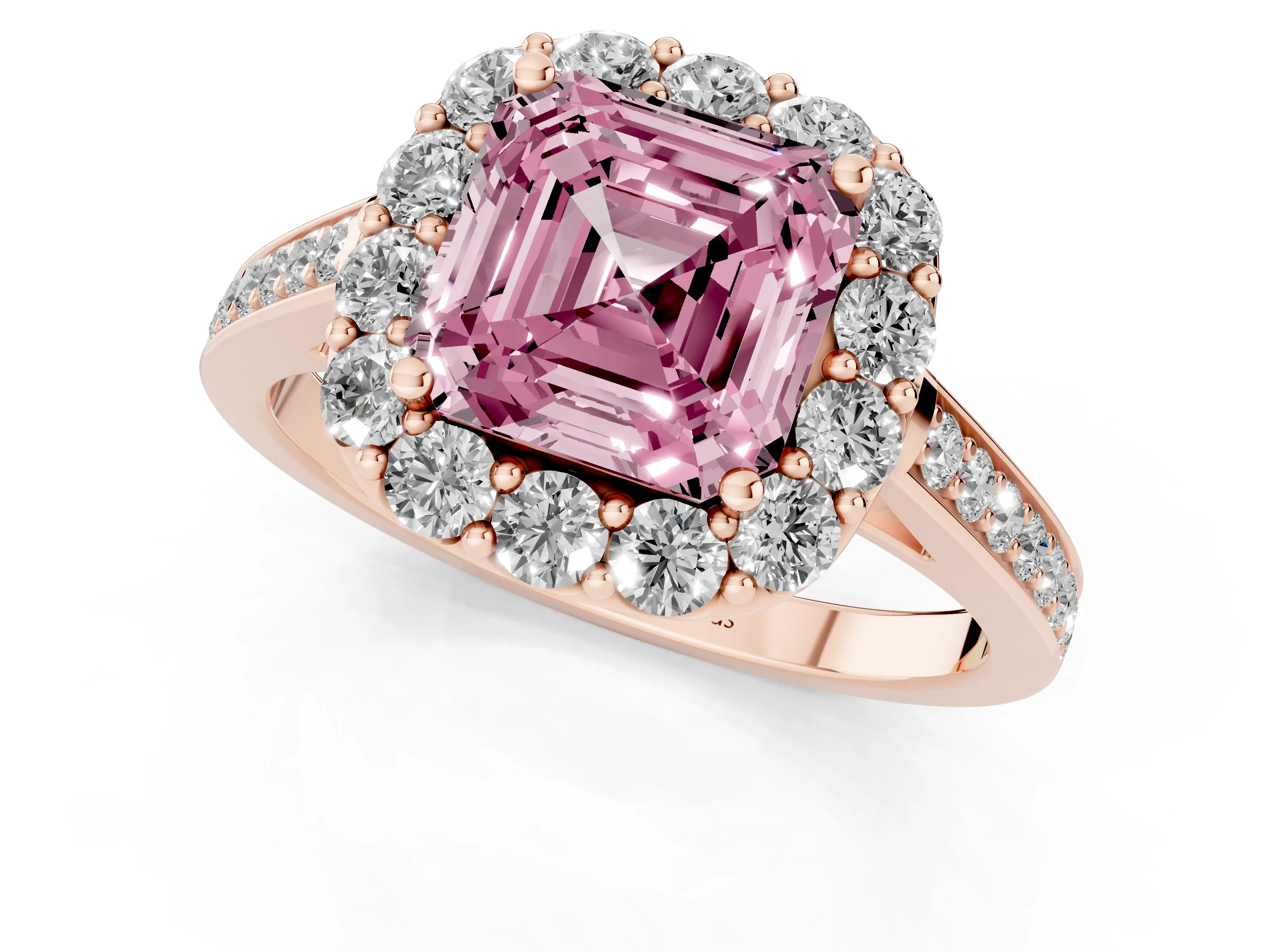 Fancy Pink Asscher Cut Diamond Floral Halo Ring Set in Rose gold with Pavé Band and Prong Setting