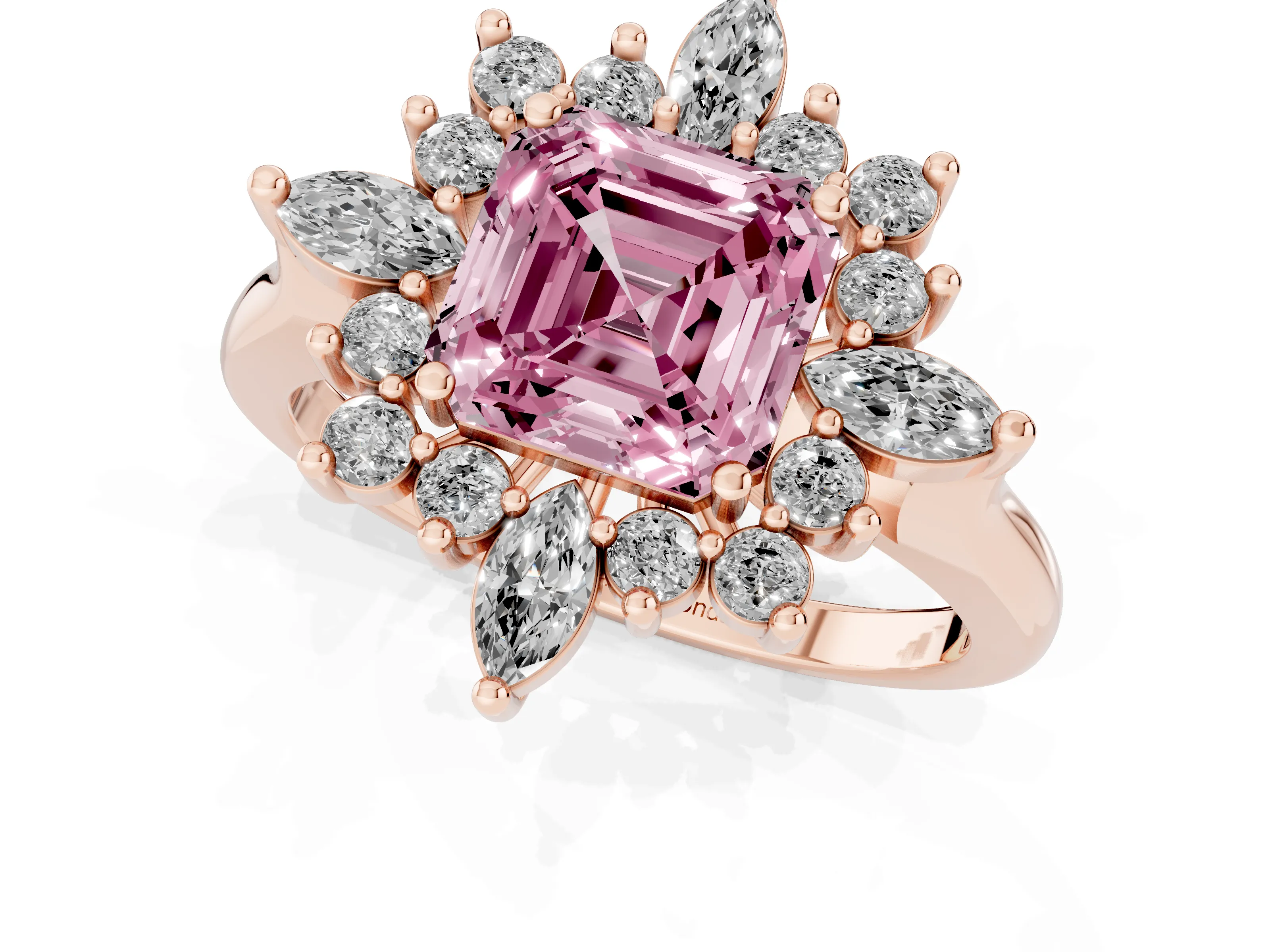 Fancy Pink Asscher Cut Diamond Cluster Halo Ring Set in Rose gold with Marquise and Round Accents
