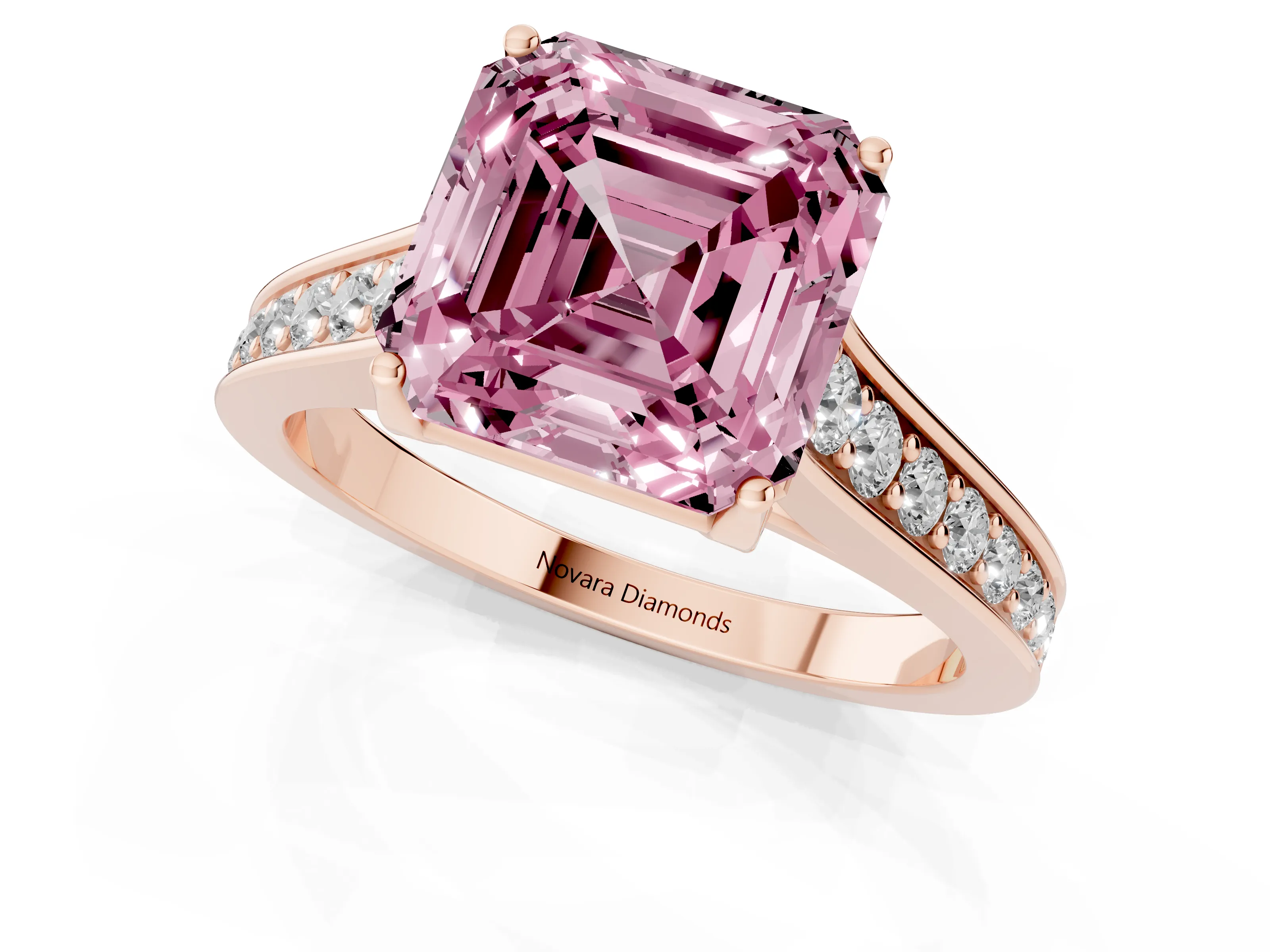 Fancy Pink Asscher Cut Diamond Solitaire Pavé Engagement Ring Set in Rose gold with Prong Setting