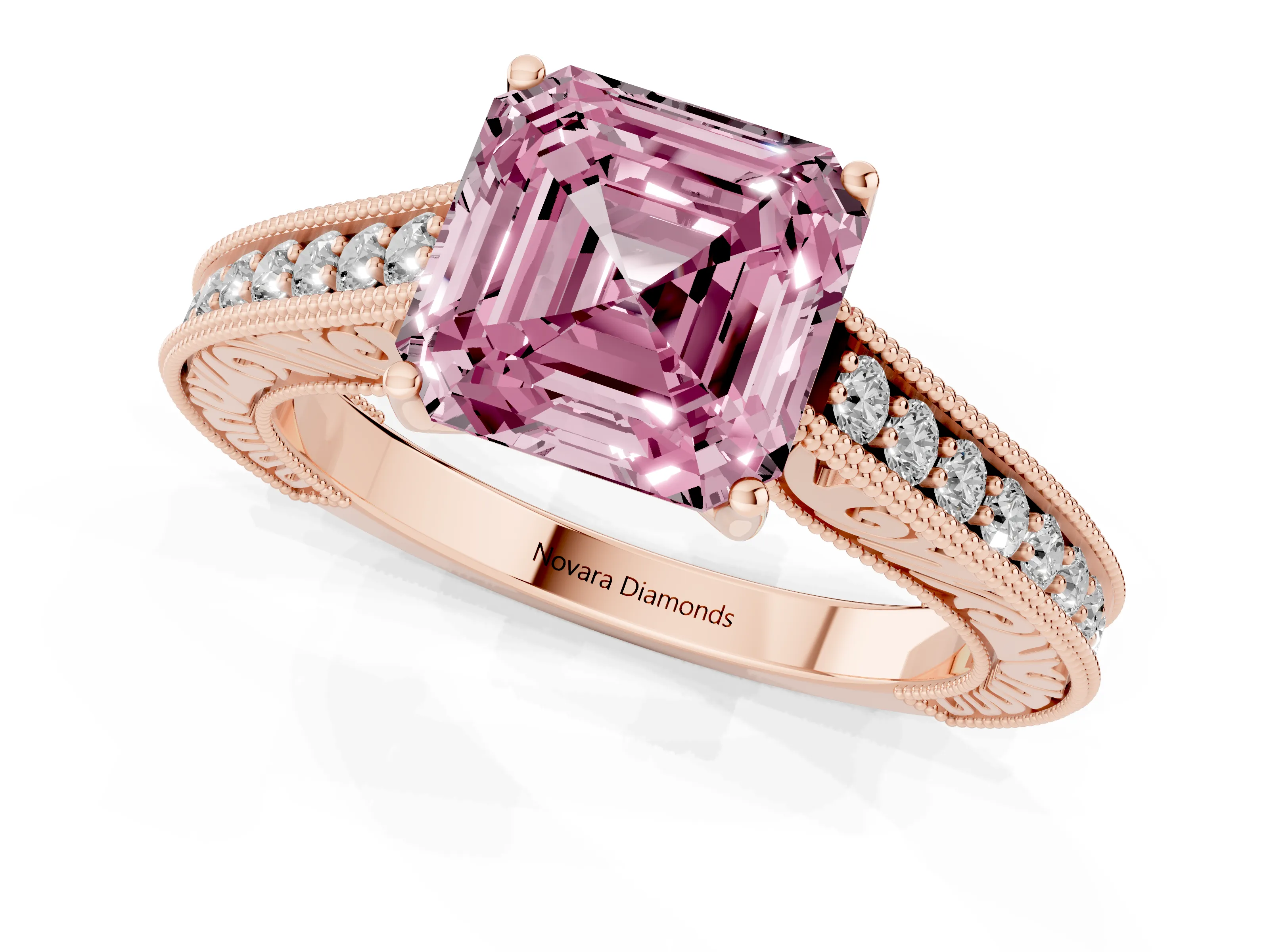Fancy Pink Asscher Cut Diamond Milgrain Pavé Band Solitaire Ring Set in Rose gold with Prong Setting