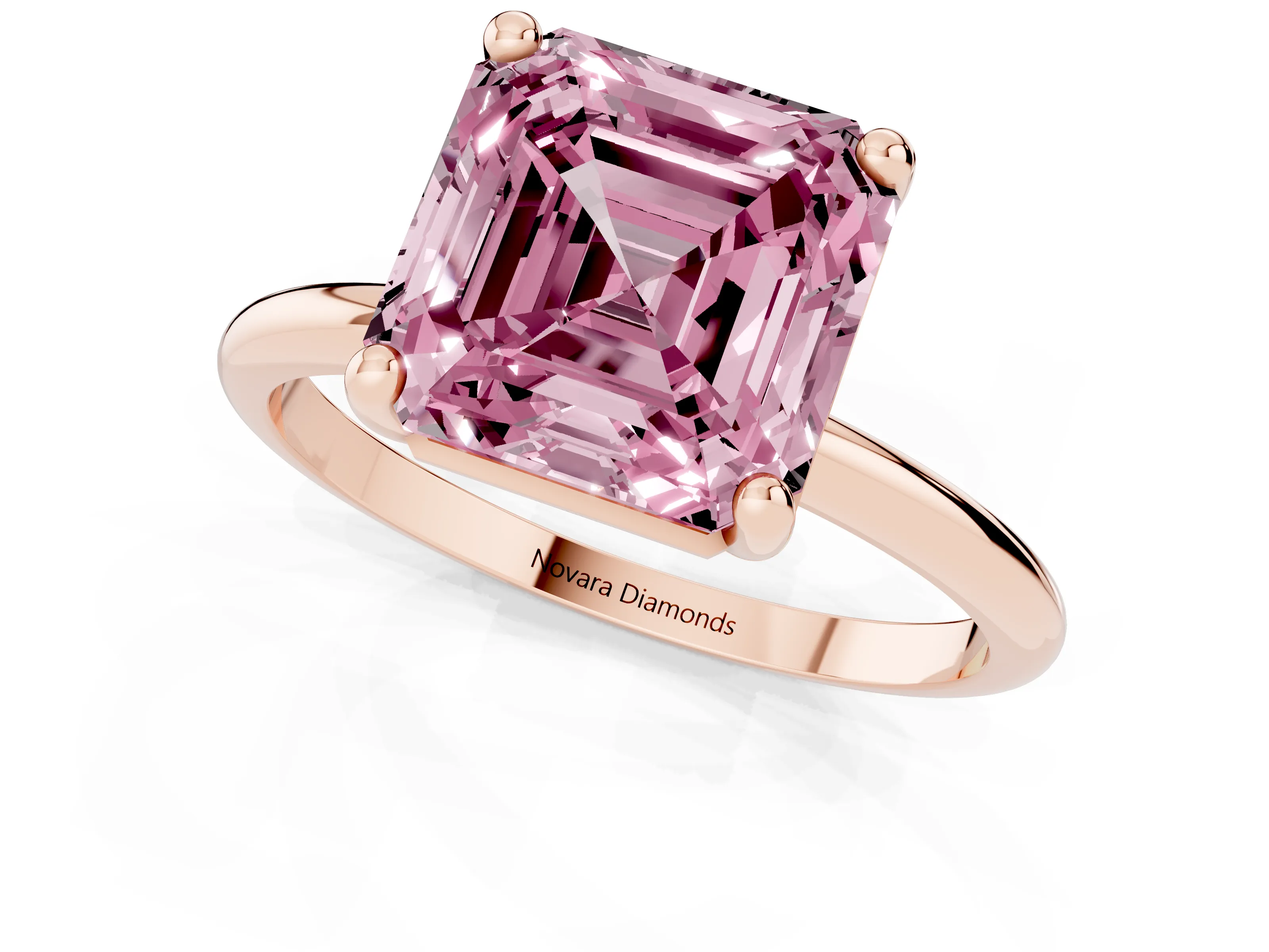 Fancy Pink Asscher Cut Diamond Solitaire Ring Set in Rose gold with Secure Prong Setting on a Classic Band