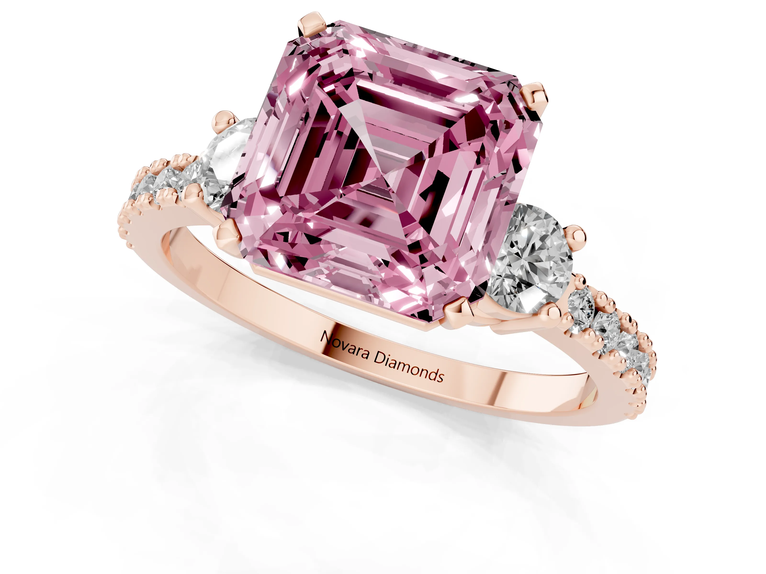 Fancy Pink Three-Stone Asscher Cut Diamond Pavé Band Ring Set in Rose gold with Prong Setting
