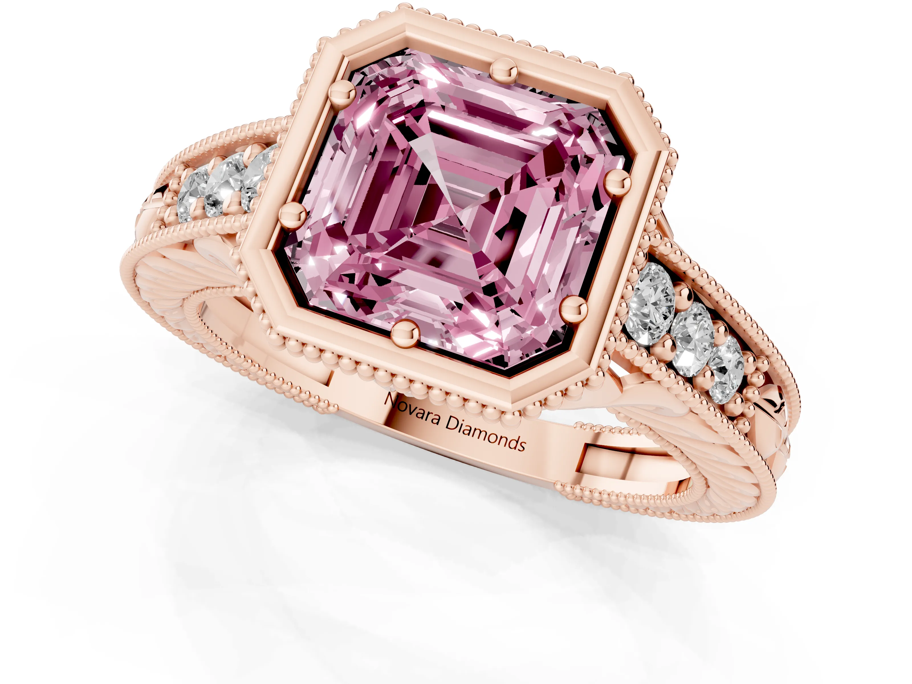 Fancy Pink Bezel Set Asscher Cut Diamond Milgrain Pavé Engagement Ring Set in Rose gold