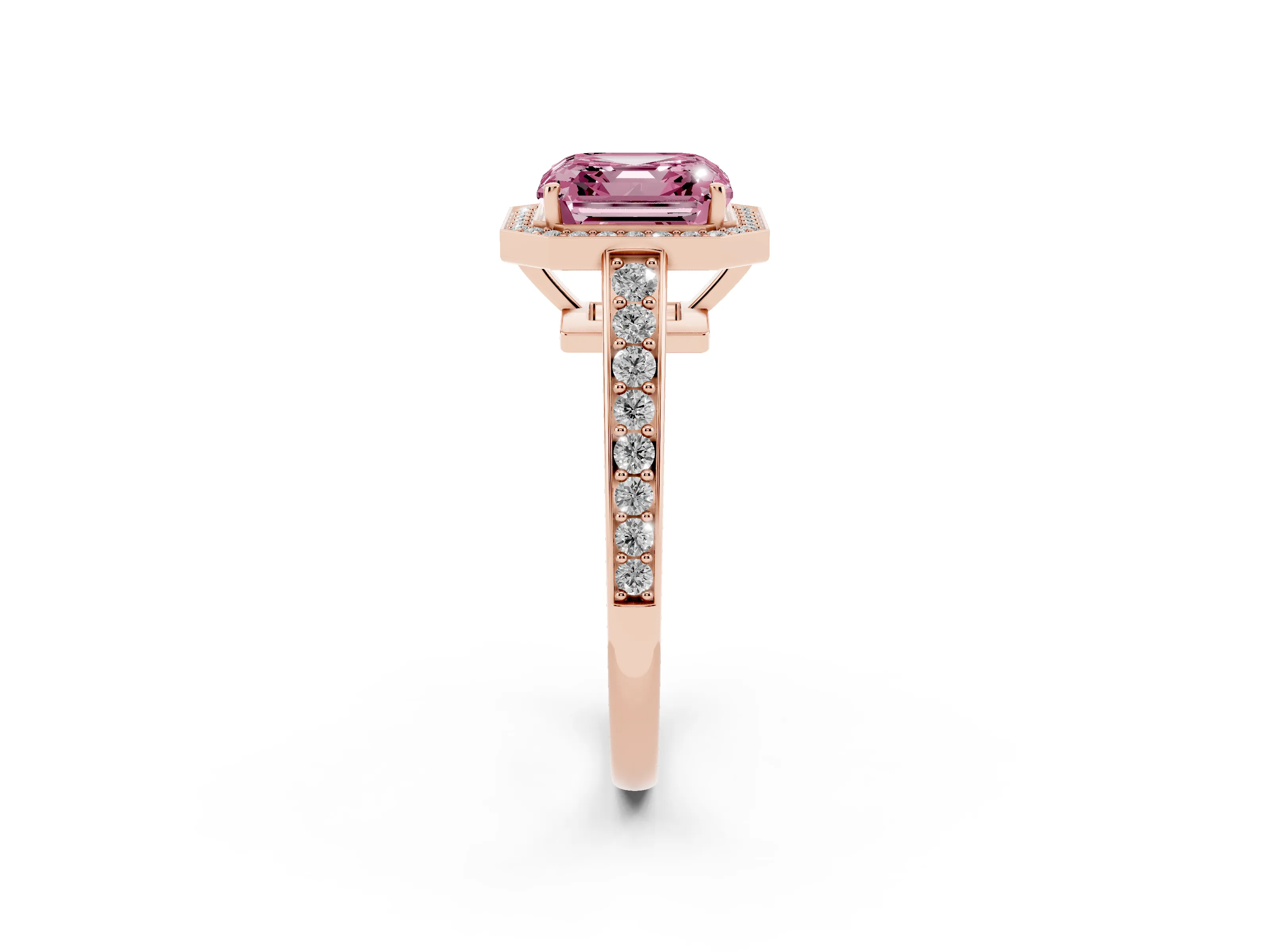 Fancy Pink Asscher Cut Diamond Halo Pavé Engagement Ring Set in Rose gold with Bezel Setting