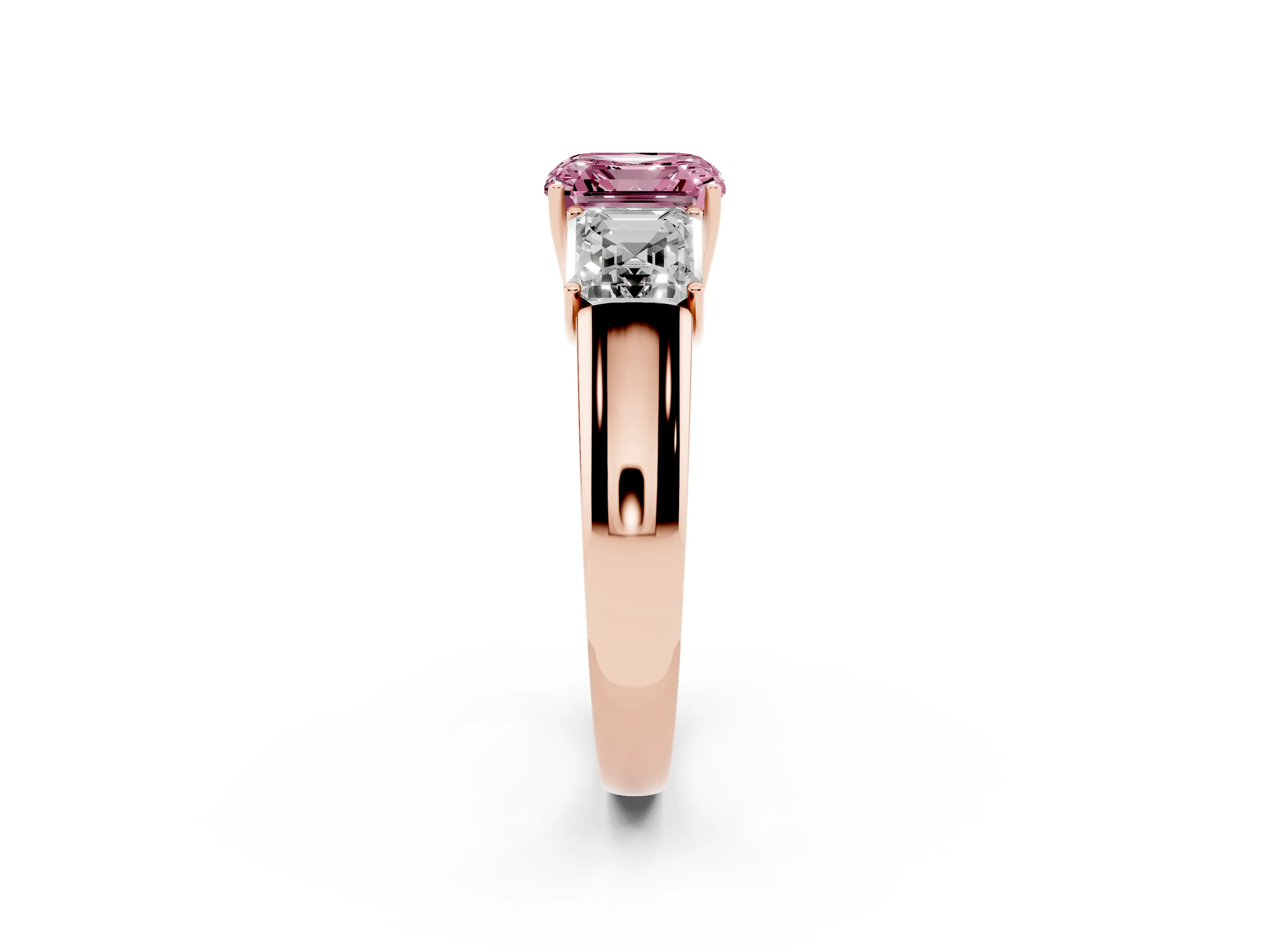 Fancy Pink Three-Stone Asscher Cut Diamond Ring Set in Rose gold with Matching Prong Settings and Plain Band