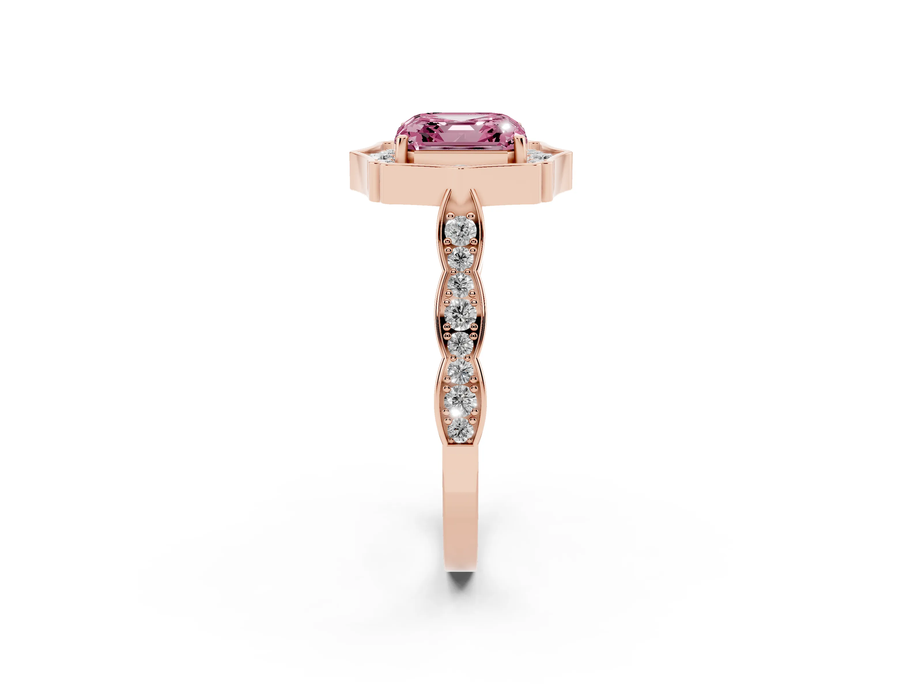 Fancy Pink Asscher Cut Diamond Halo Engagement Ring Set in Rose gold with Milgrain Band and Prong Setting