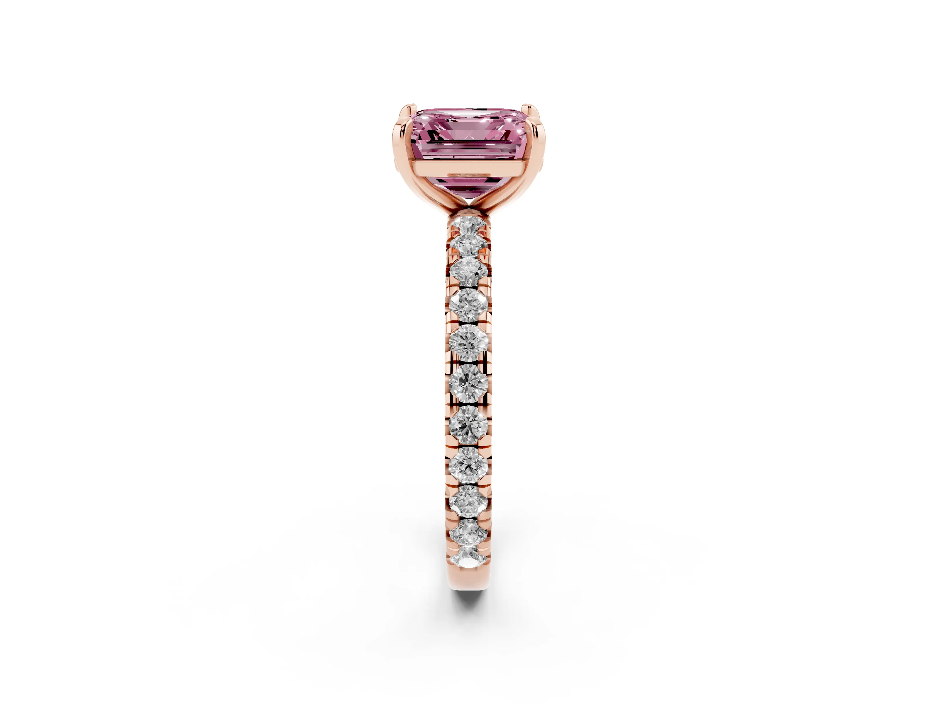 Fancy Pink Asscher Cut Diamond Pavé Solitaire Ring Set in Rose gold with Round Band and Prong Setting
