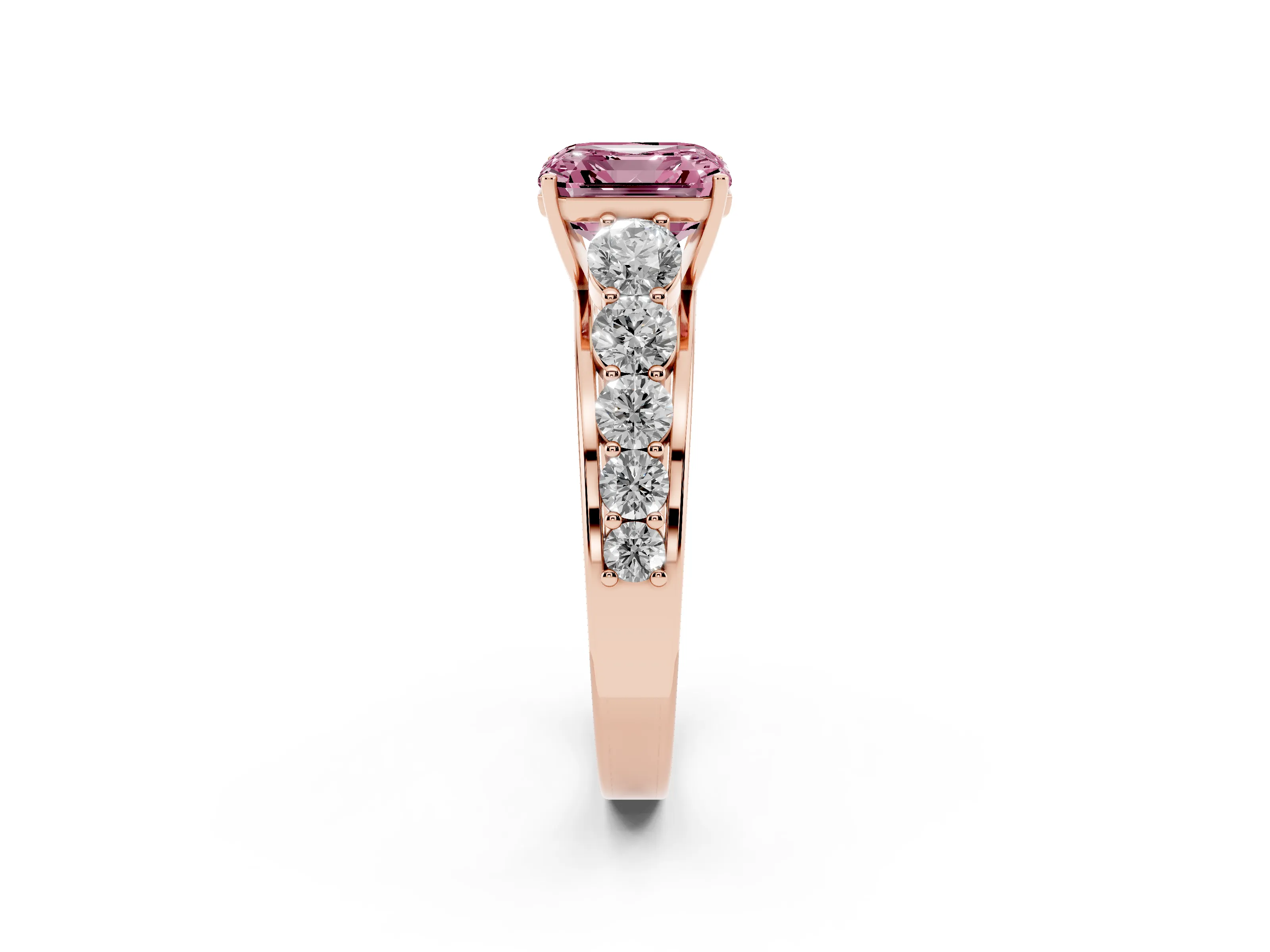 Fancy Pink Asscher Cut Diamond Solitaire Ring Set in Rose gold with Pavé-Set Band and Prong Setting