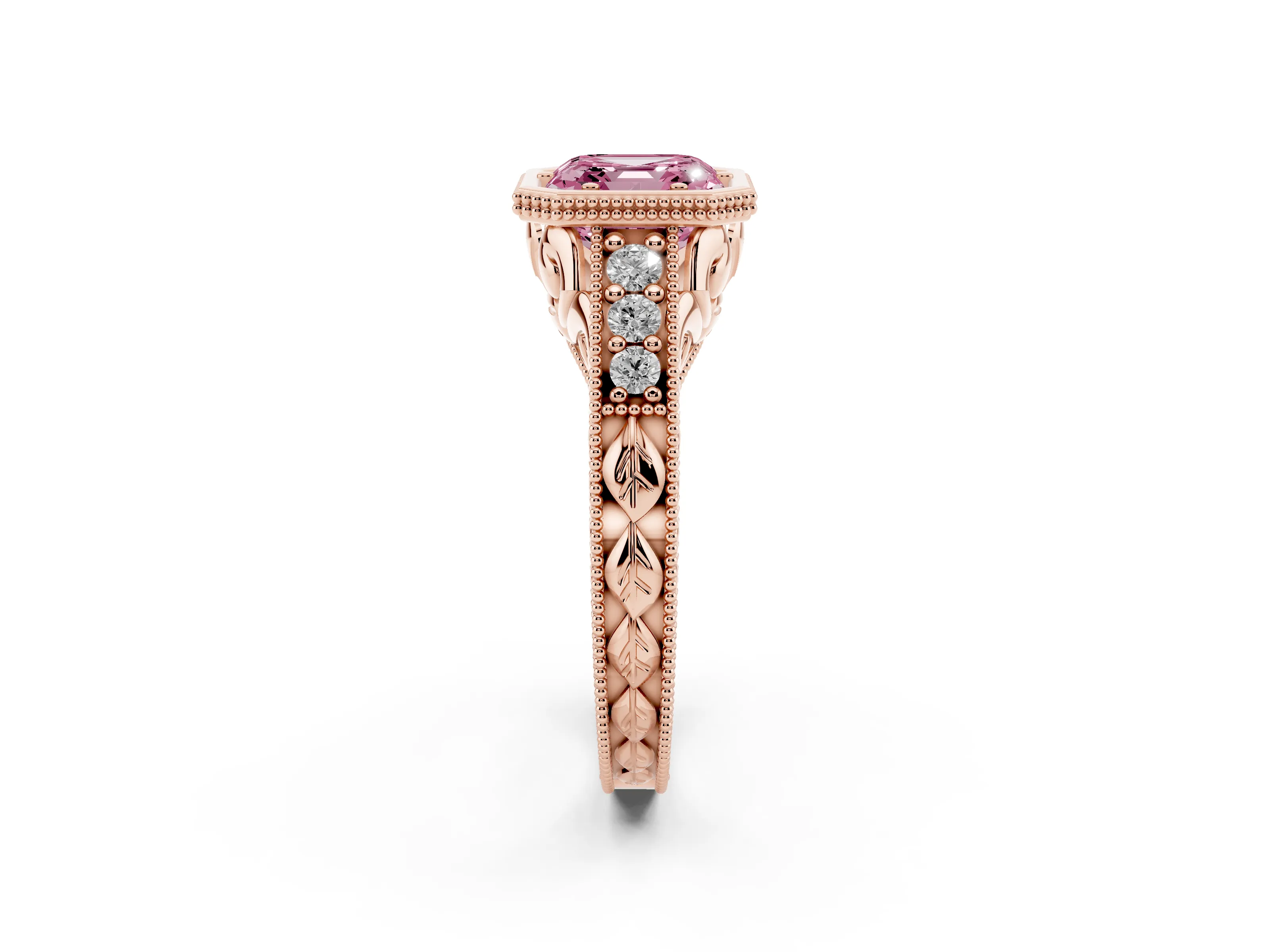 Fancy Pink Bezel Set Asscher Cut Diamond Milgrain Pavé Engagement Ring Set in Rose gold