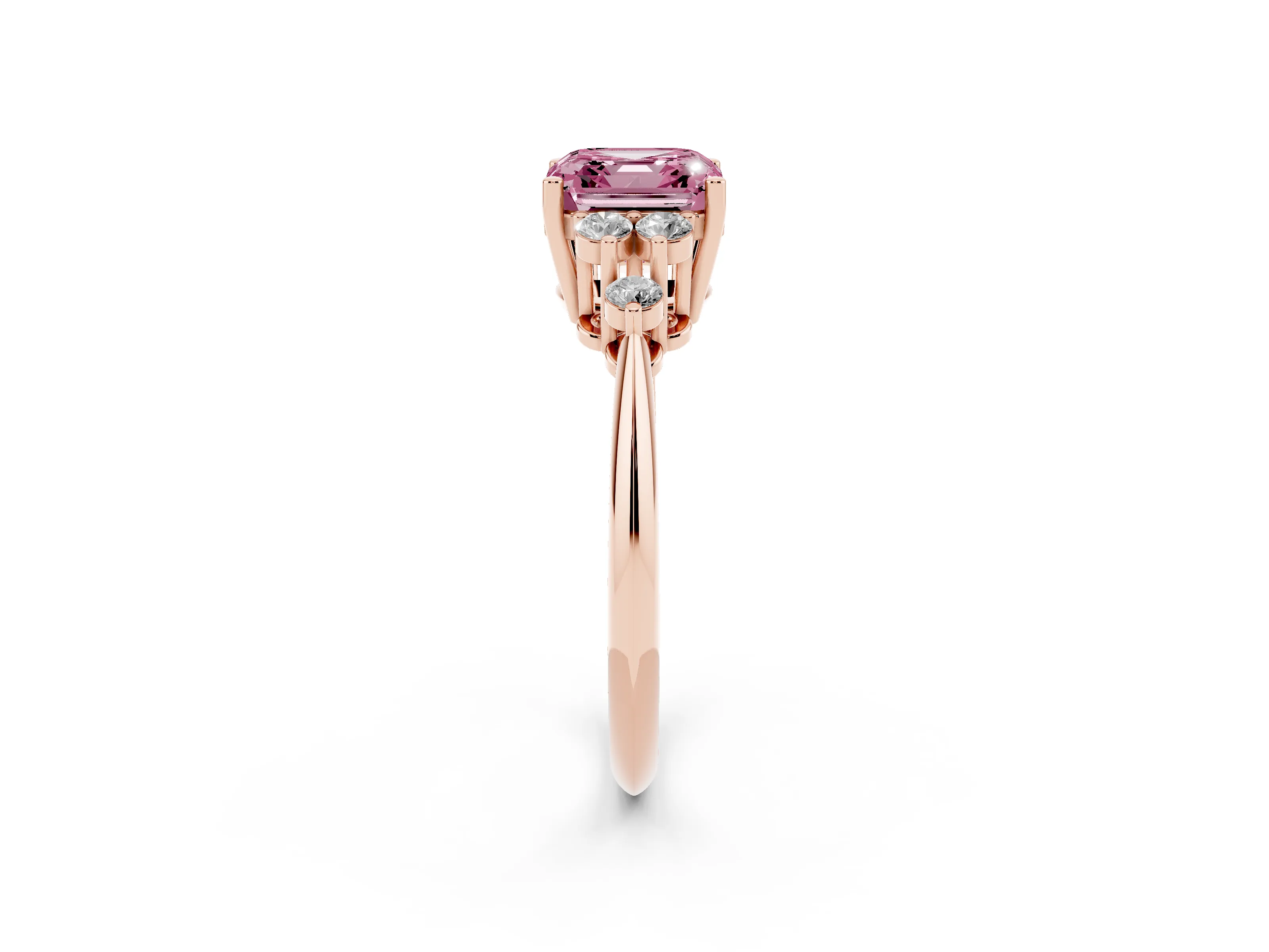 Fancy Pink Asscher Cut Diamond Cluster Ring Set in Rose gold with Plain Band and Prong Setting