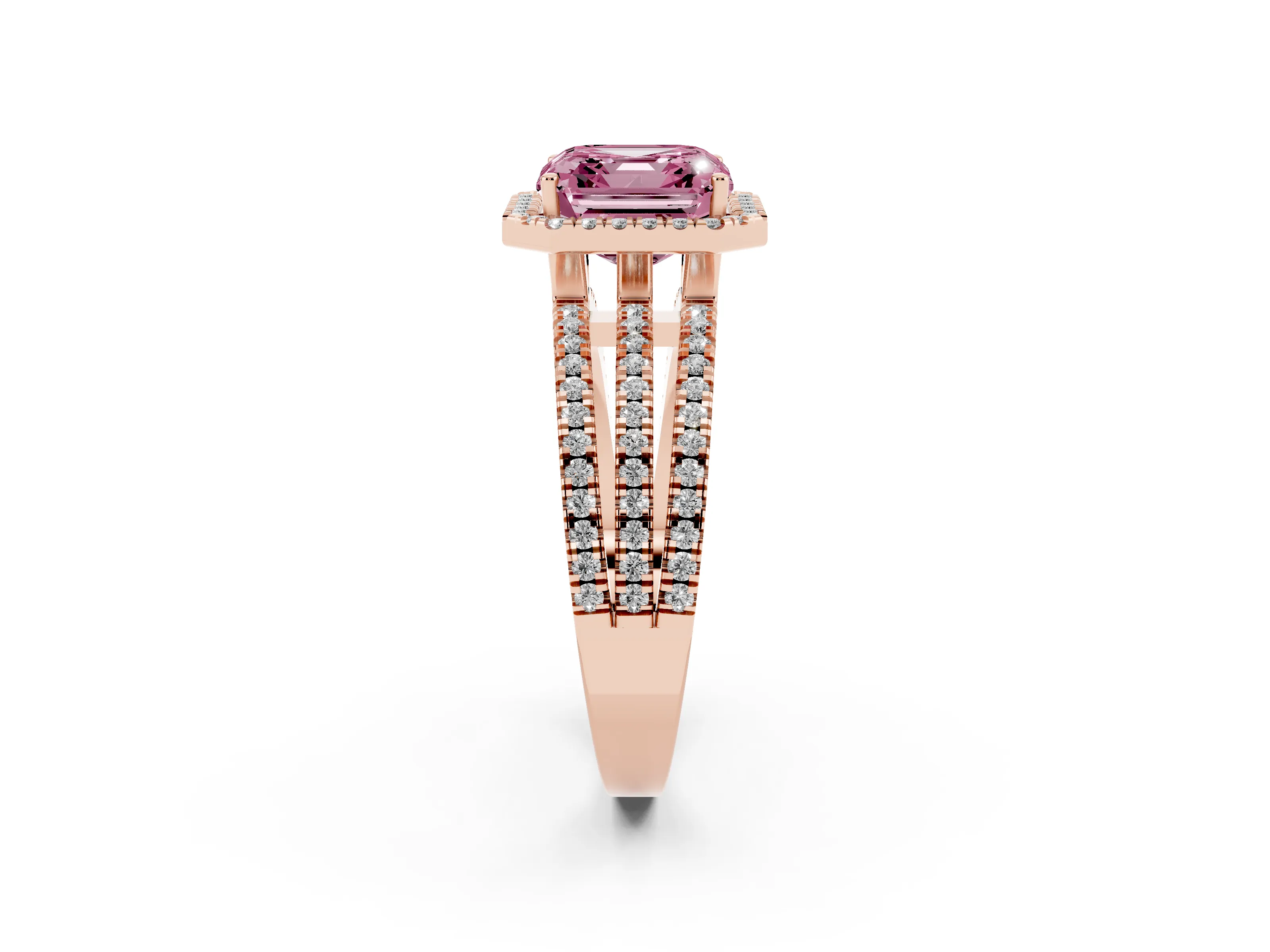 Fancy Pink Asscher Cut Diamond Halo Split Shank Engagement Ring Set in Rose gold with Prong Setting