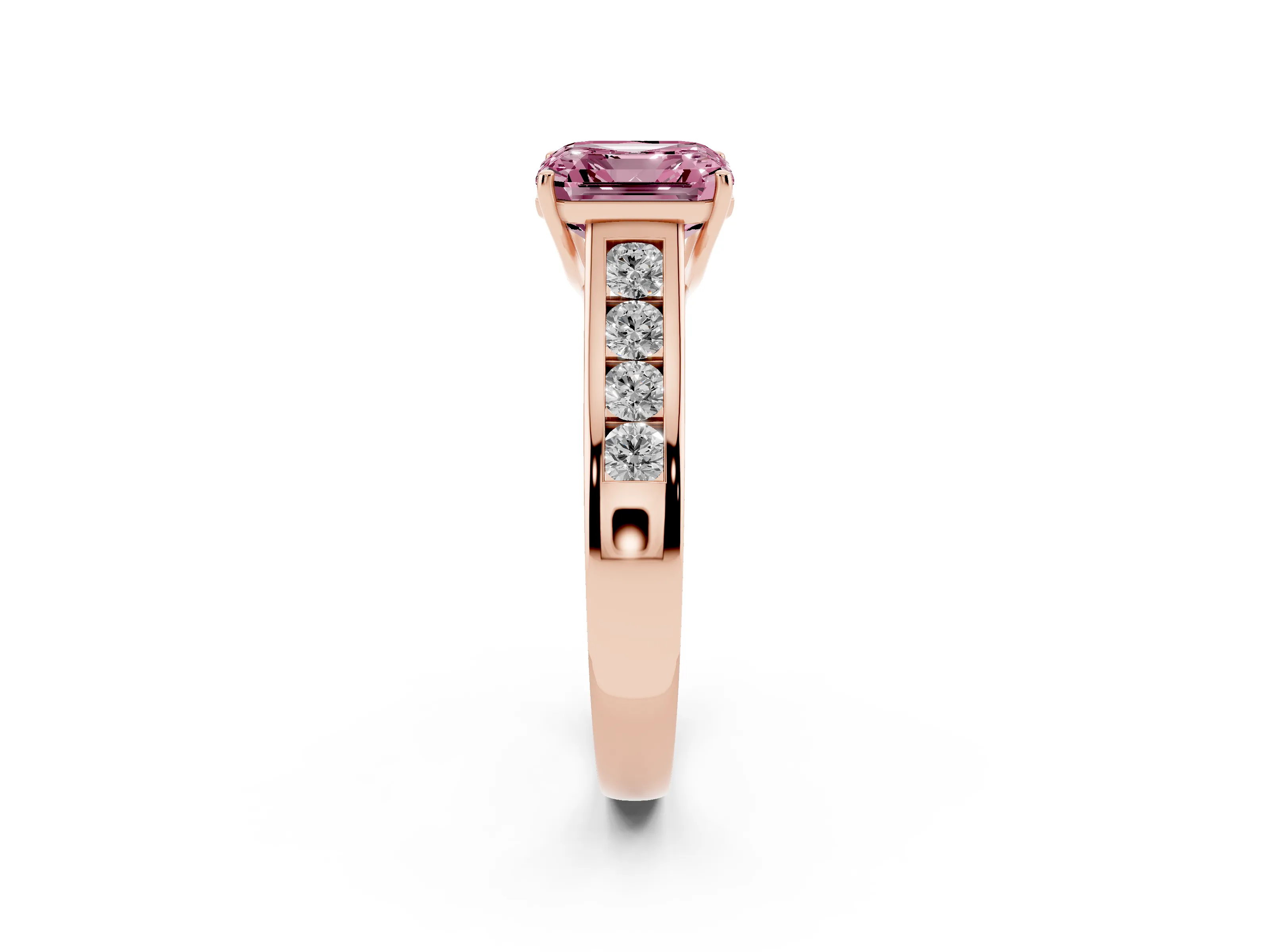 Fancy Pink Asscher Cut Diamond Brilliant Channel-Set Solitaire Ring Set in Rose gold with Prong Setting