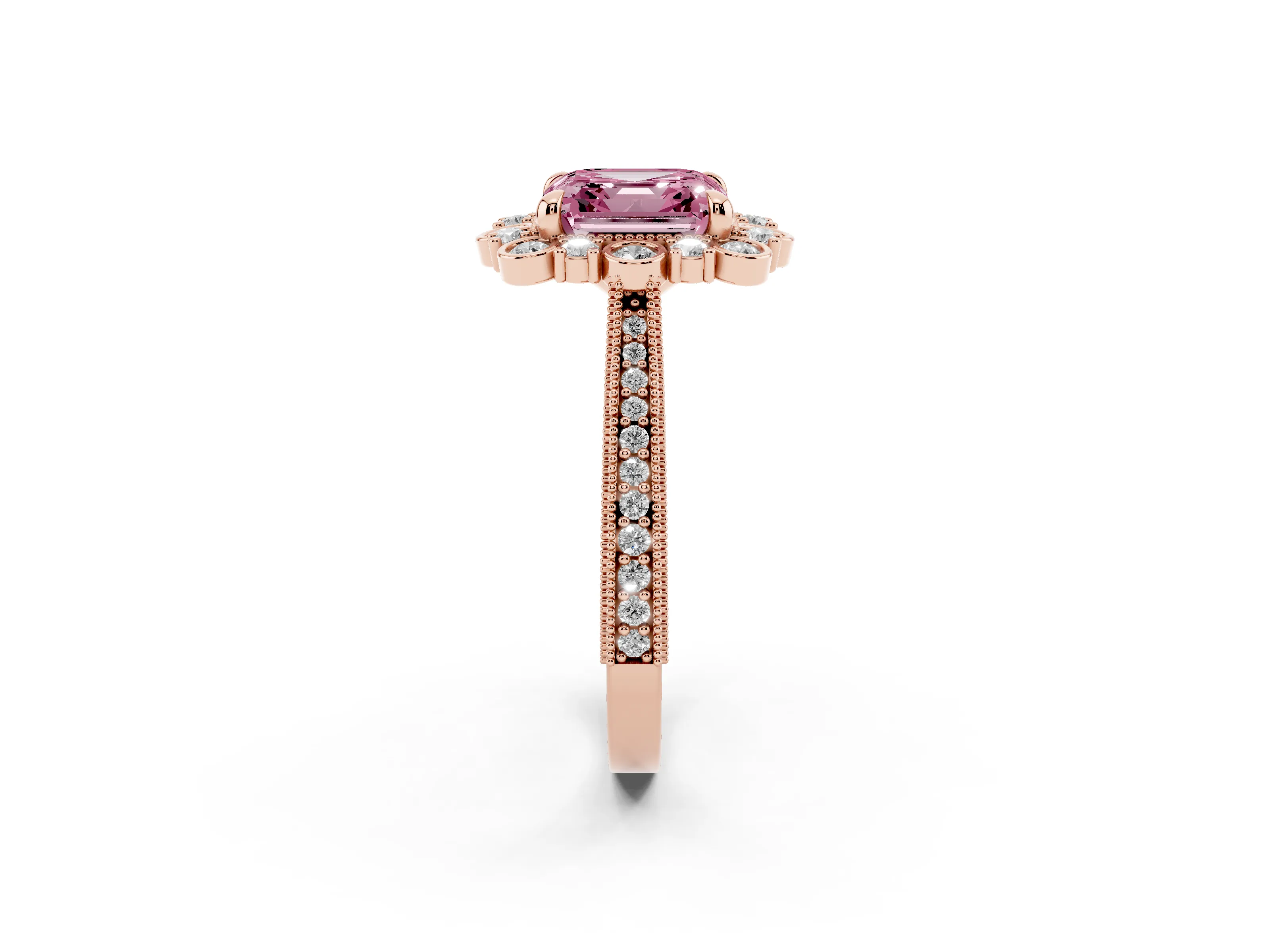 Fancy Pink Asscher Cut Diamond Halo Milgrain Pavé Ring Set in Rose gold with Prong Setting