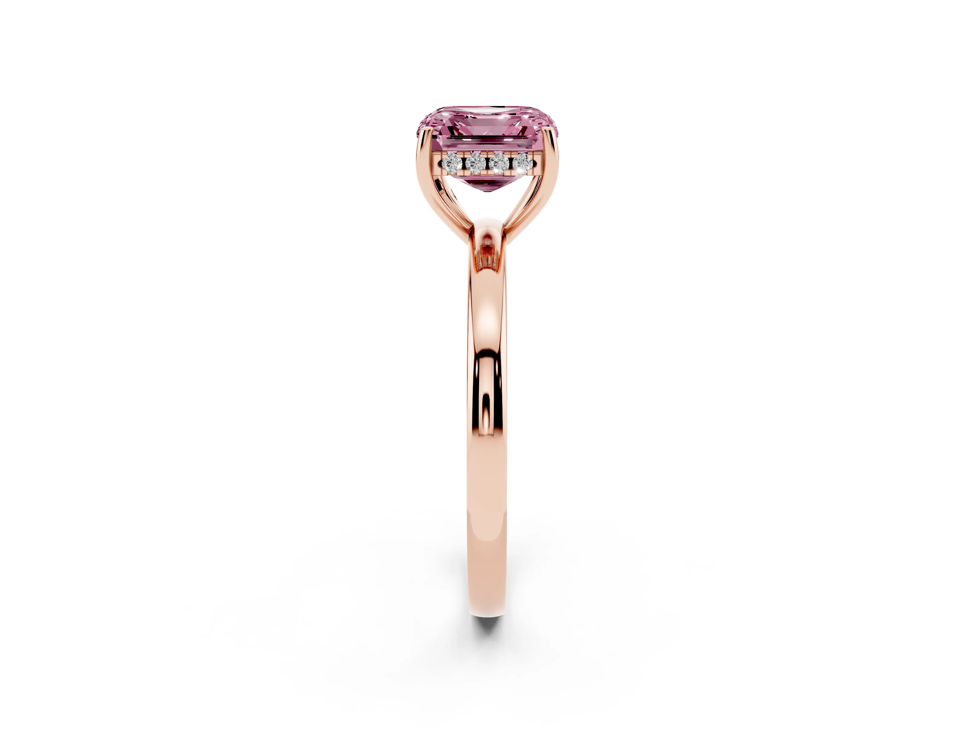 Fancy Pink Asscher Cut Diamond Solitaire Ring Set in Rose gold with Plain Band and Prong Setting