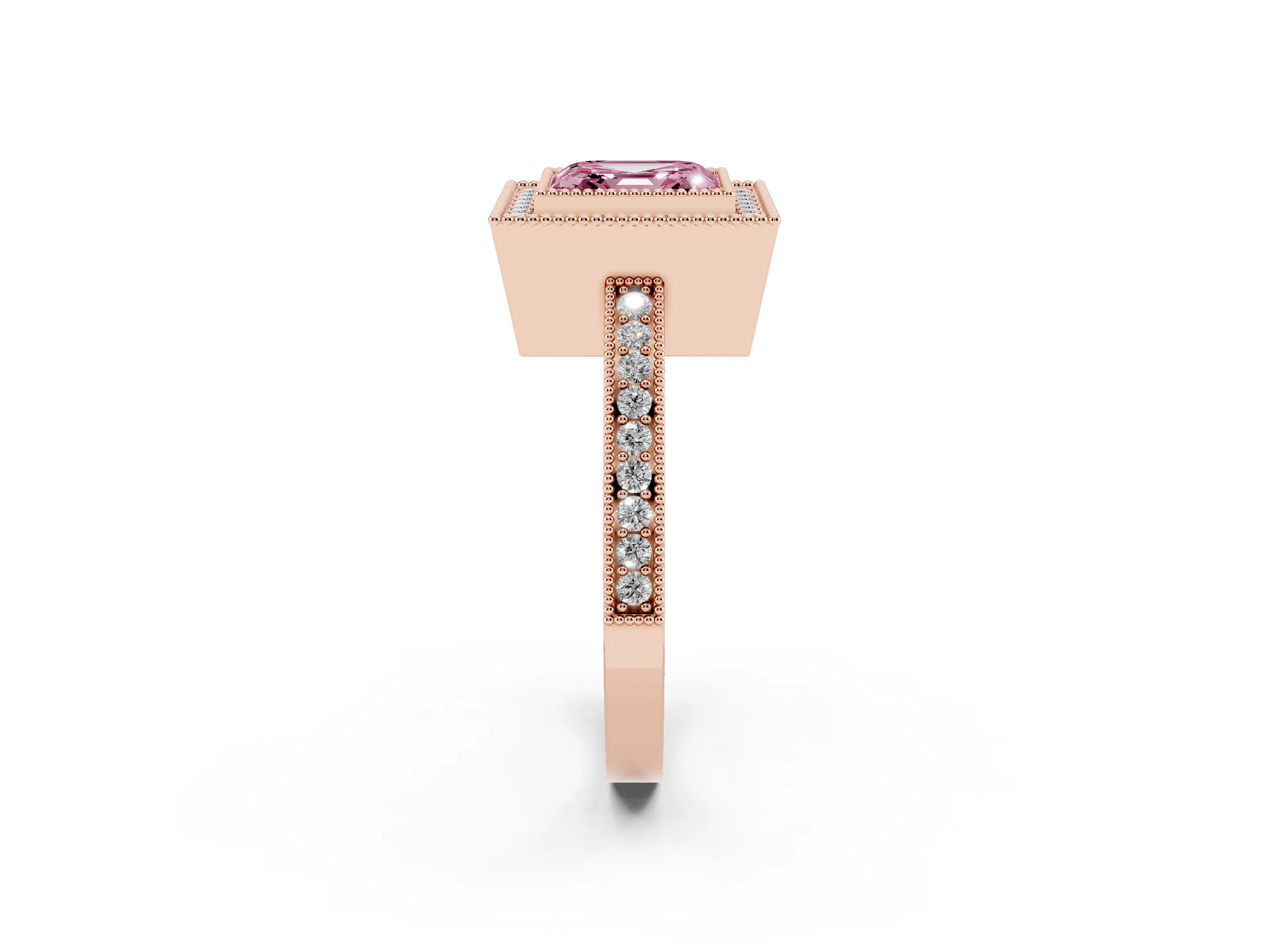 Fancy Pink Asscher Cut Diamond Round Halo Ring Set in Rose gold with Pavé Band