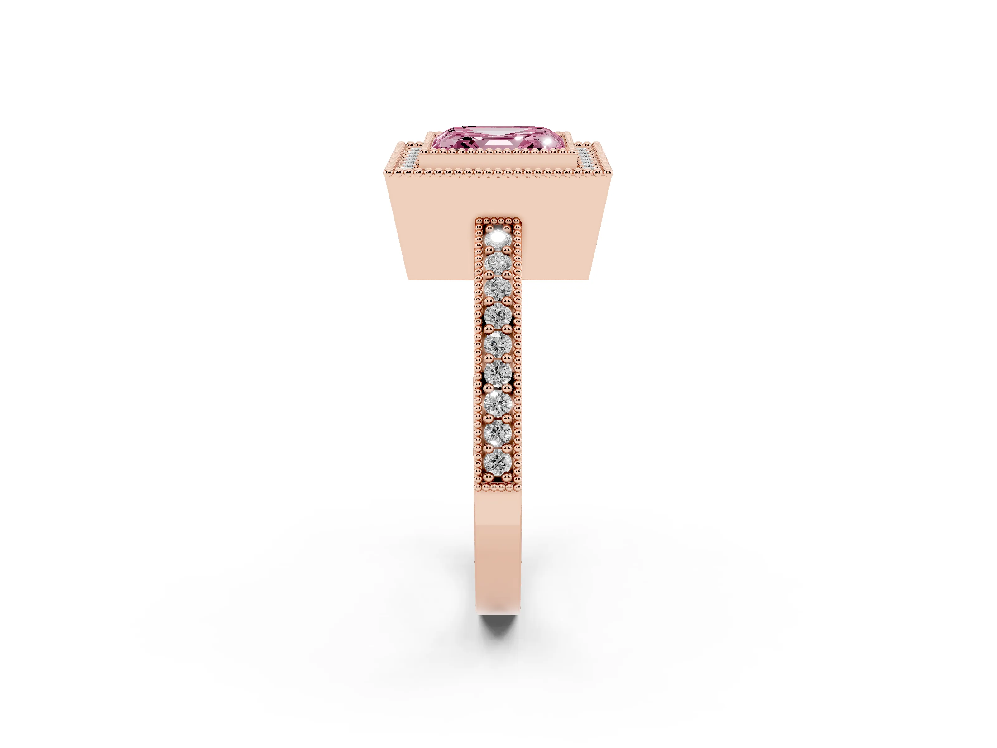 Fancy Pink Asscher Cut Diamond Halo Engagement Ring Set in Rose gold with Pavé Band and Round Halo Stones