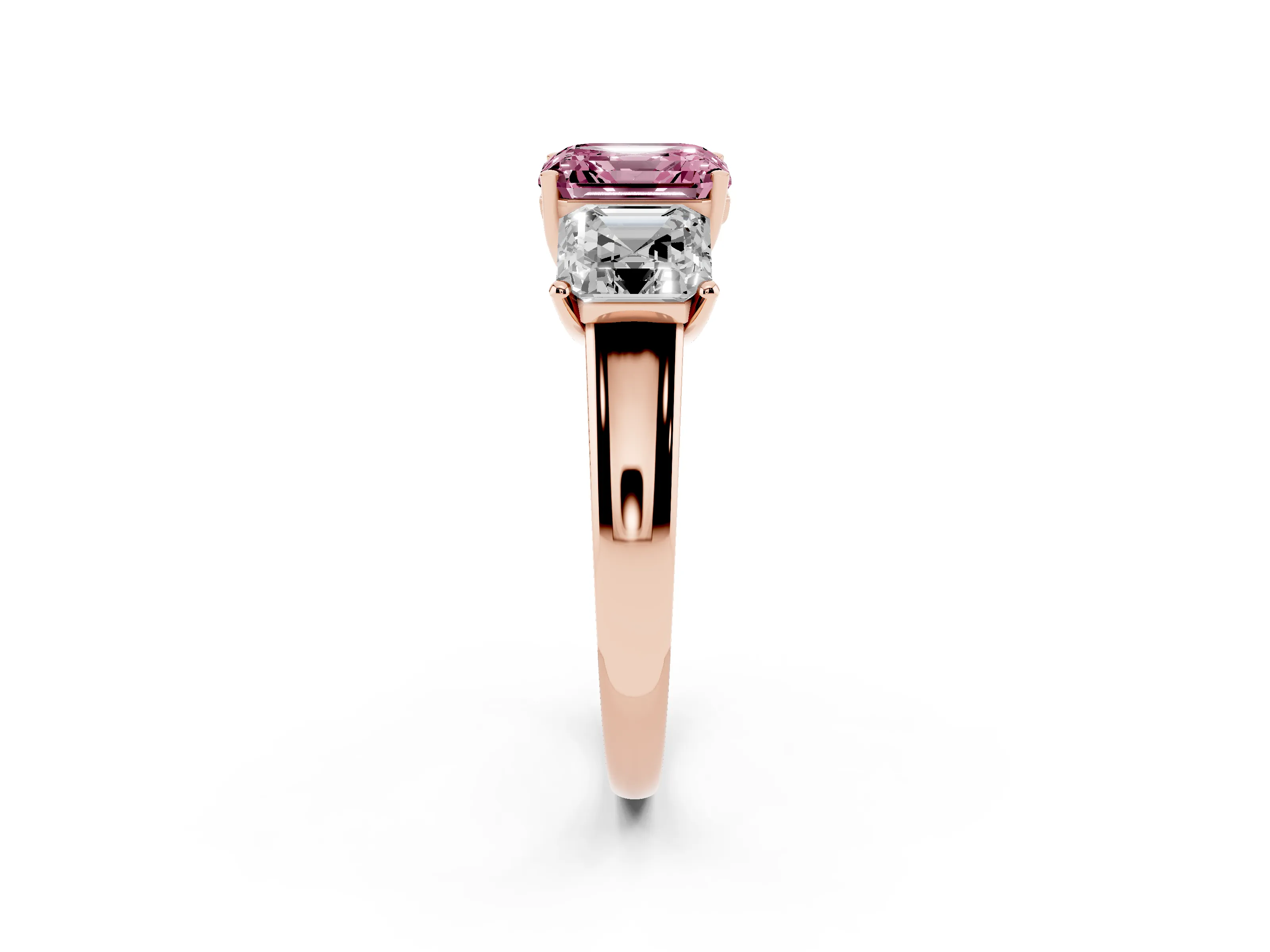 Fancy Pink Asscher Cut Diamond Three-Stone Ring Set in Rose gold with Classic Prong Setting and Plain Band