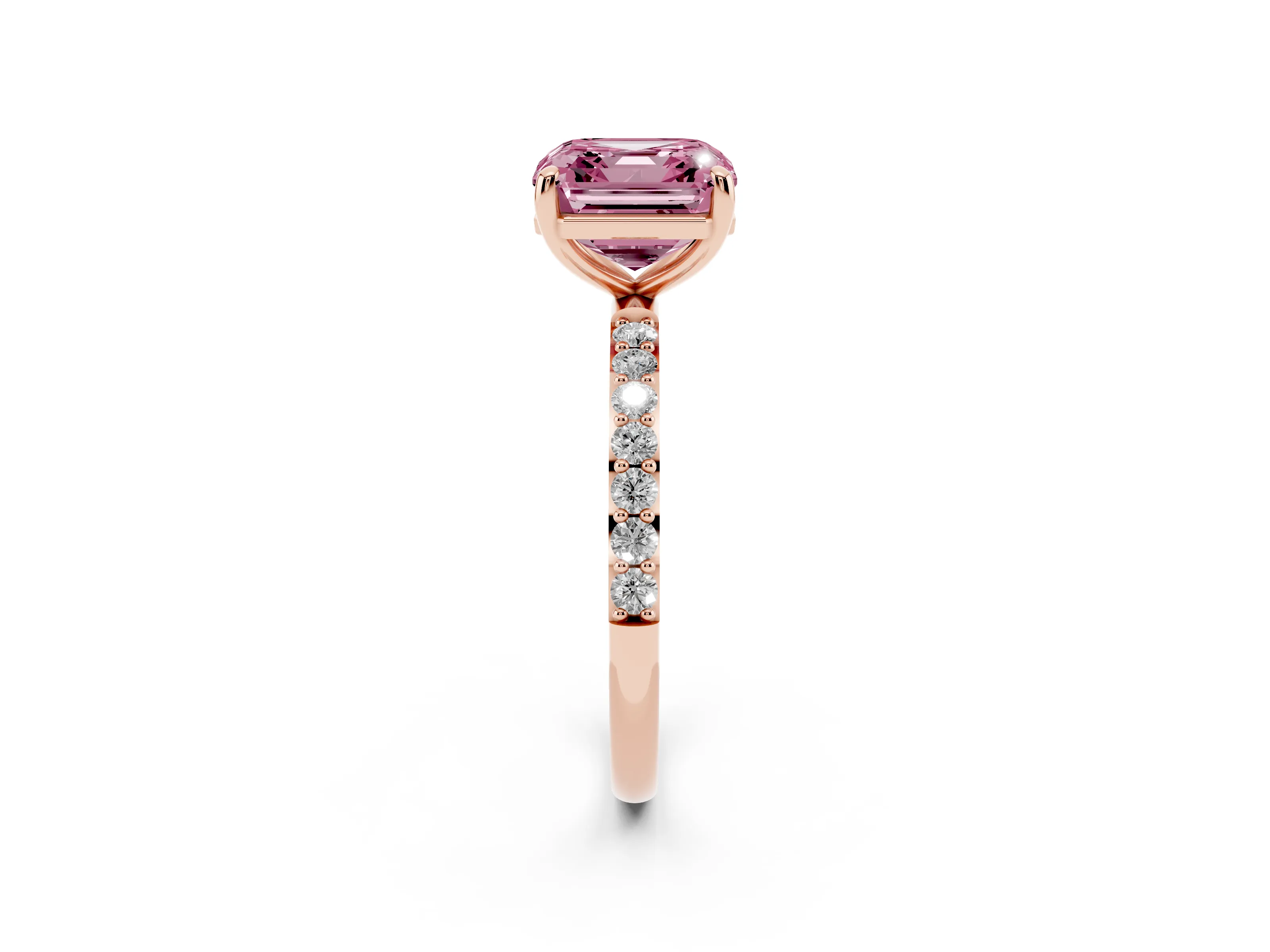 Fancy Pink Asscher Cut Diamond Solitaire Ring Set in Rose gold with Round Pavé Band and Prong Setting