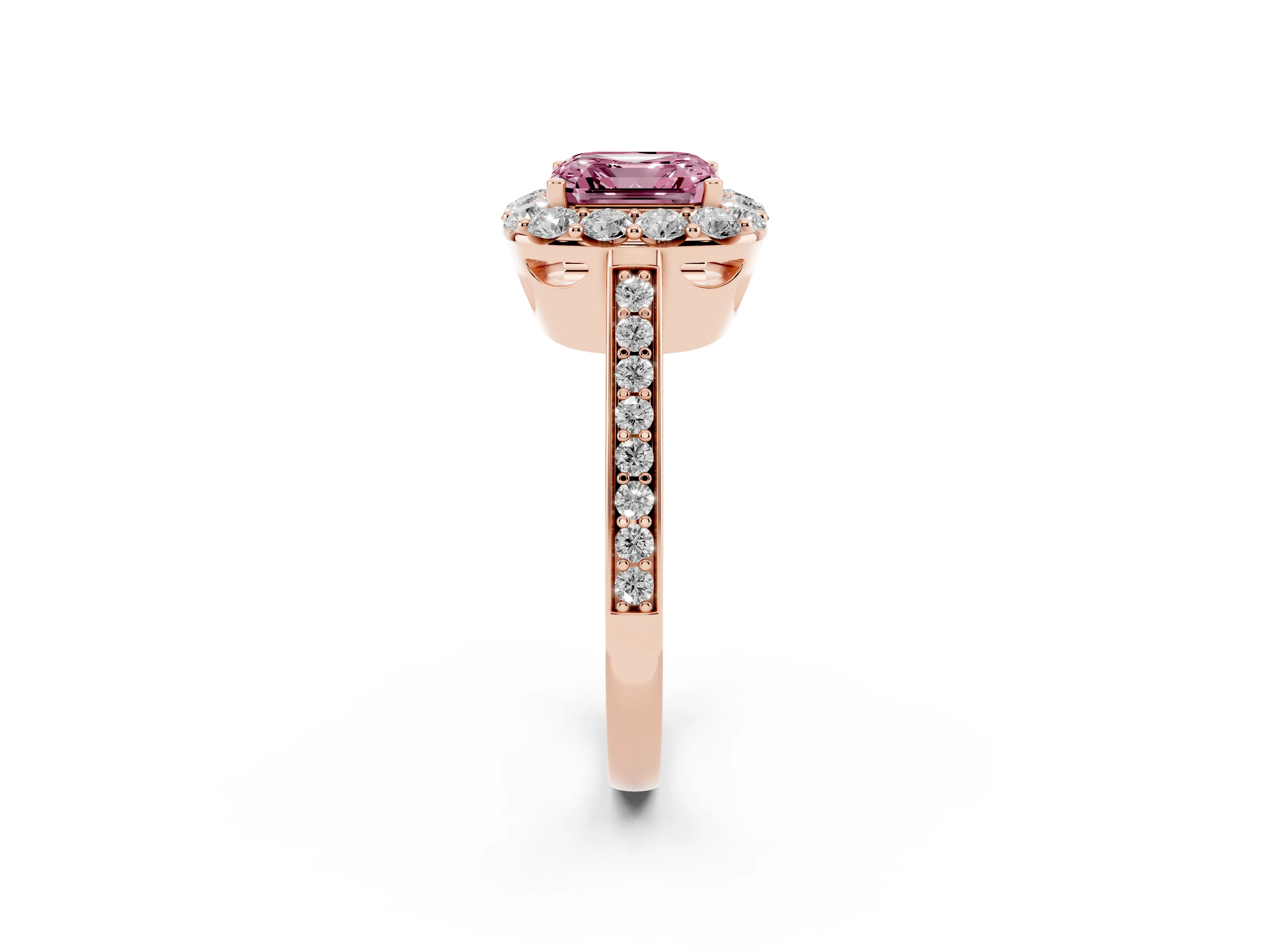 Fancy Pink Asscher Cut Diamond Floral Halo Ring Set in Rose gold with Pavé Band and Prong Setting
