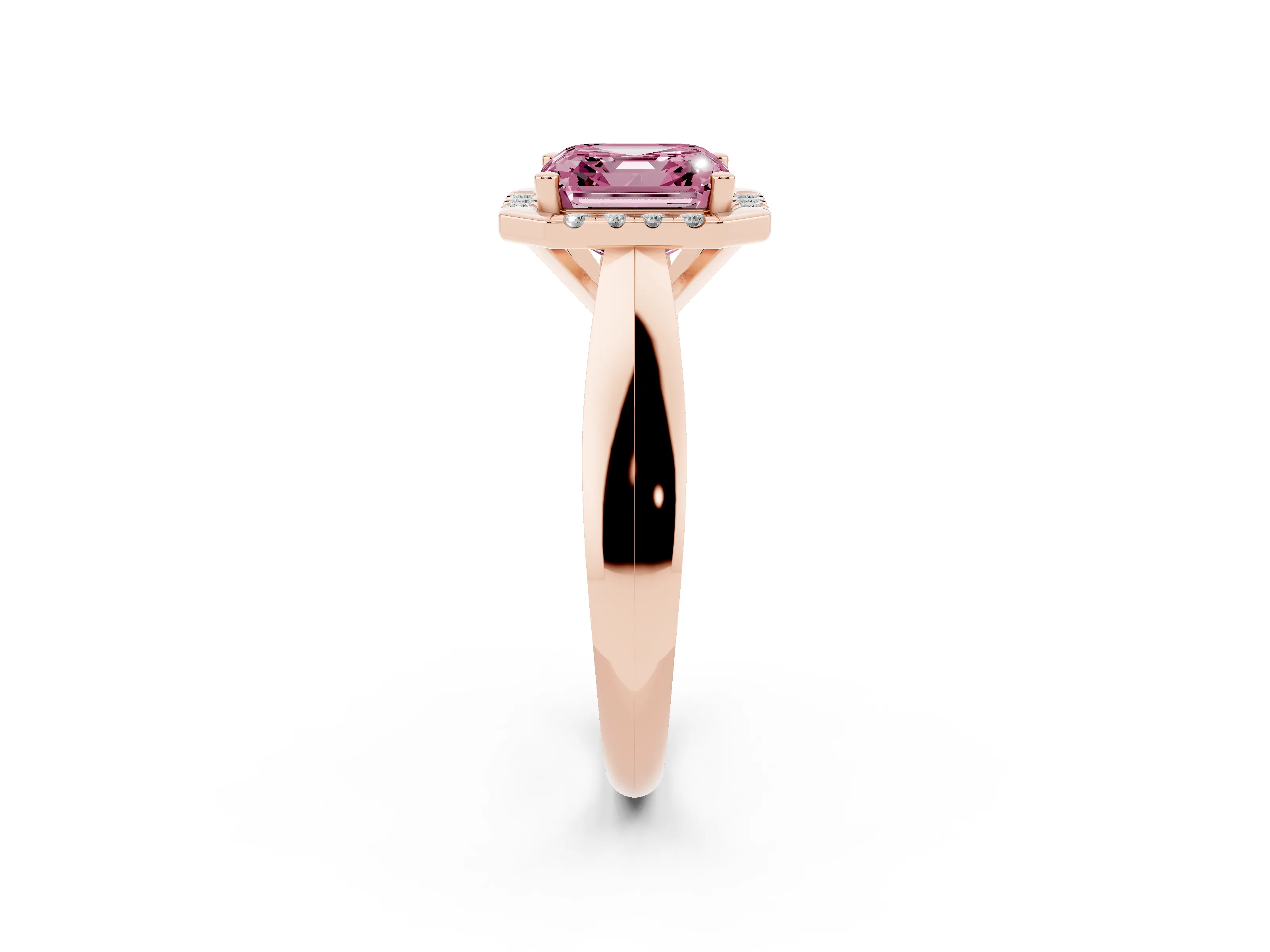 Fancy Pink Asscher Cut Diamond Halo Solitaire Engagement Ring Set in Rose gold with Square Band and Prong Setting