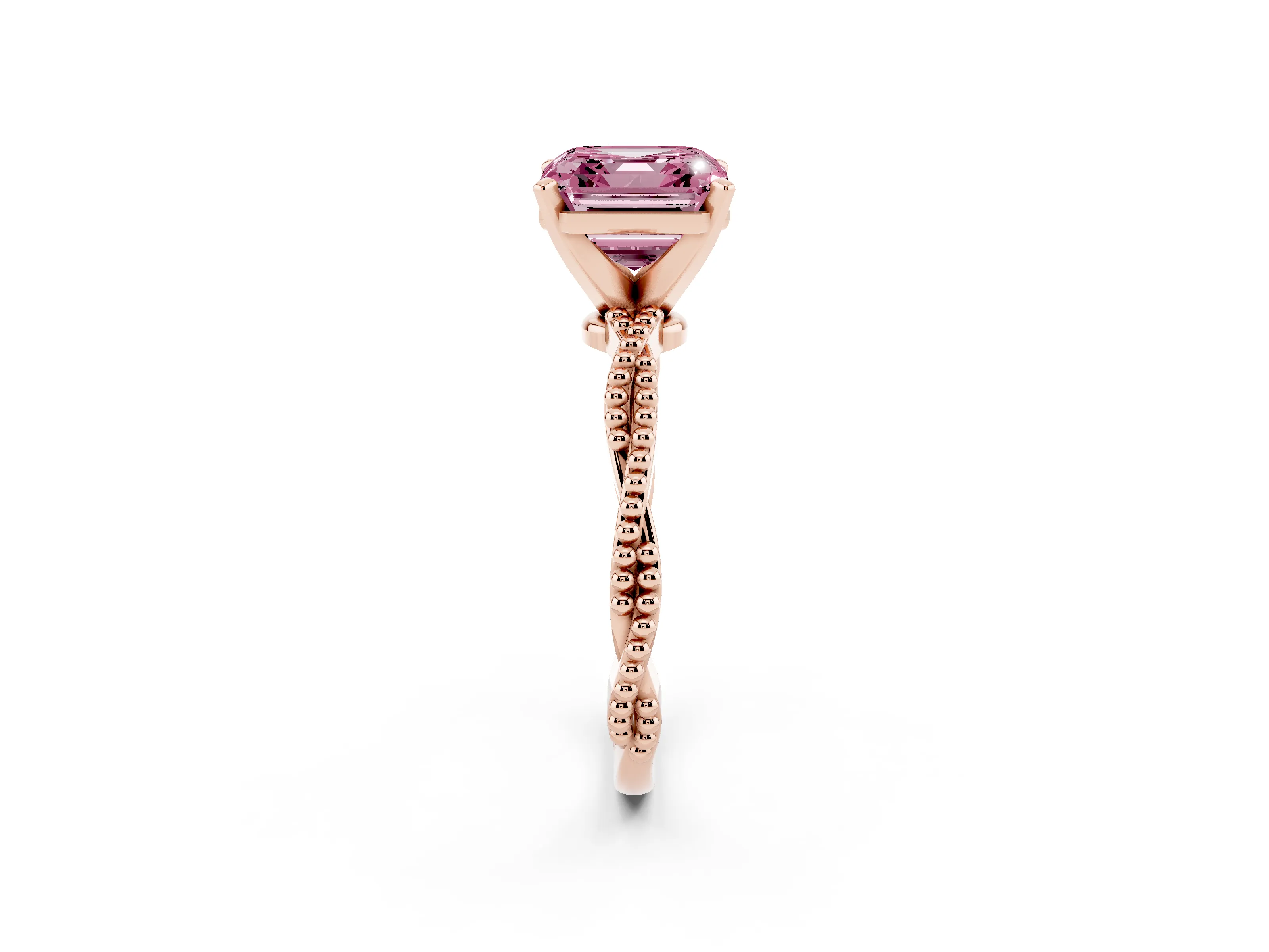 Fancy Pink Asscher Cut Diamond Solitaire Ring Set in Rose gold with Twisted Band and Bead Prong Setting