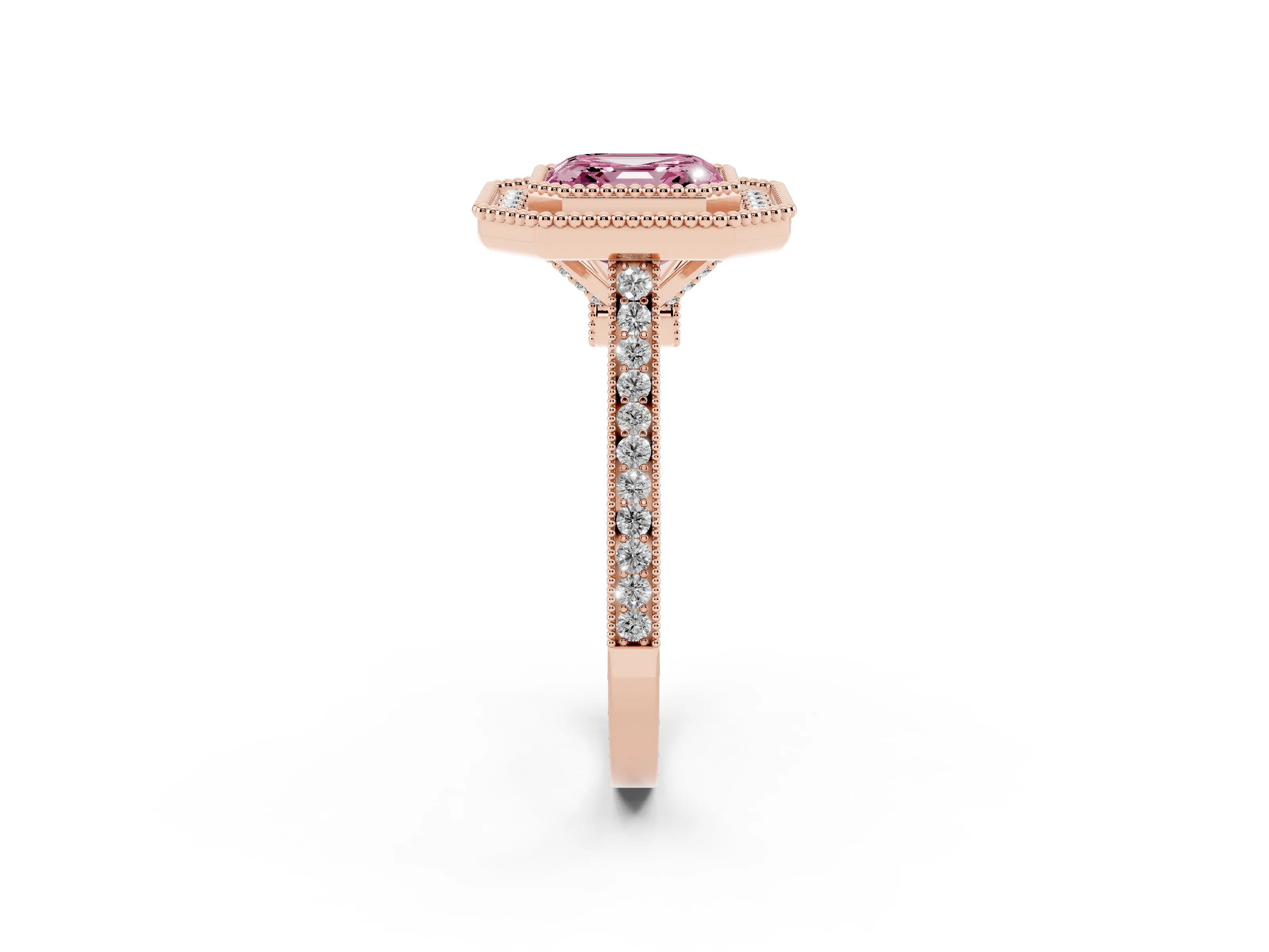 Fancy Pink Asscher Cut Diamond Halo Ring Set in Rose gold with Milgrain Frame and Pavé Band