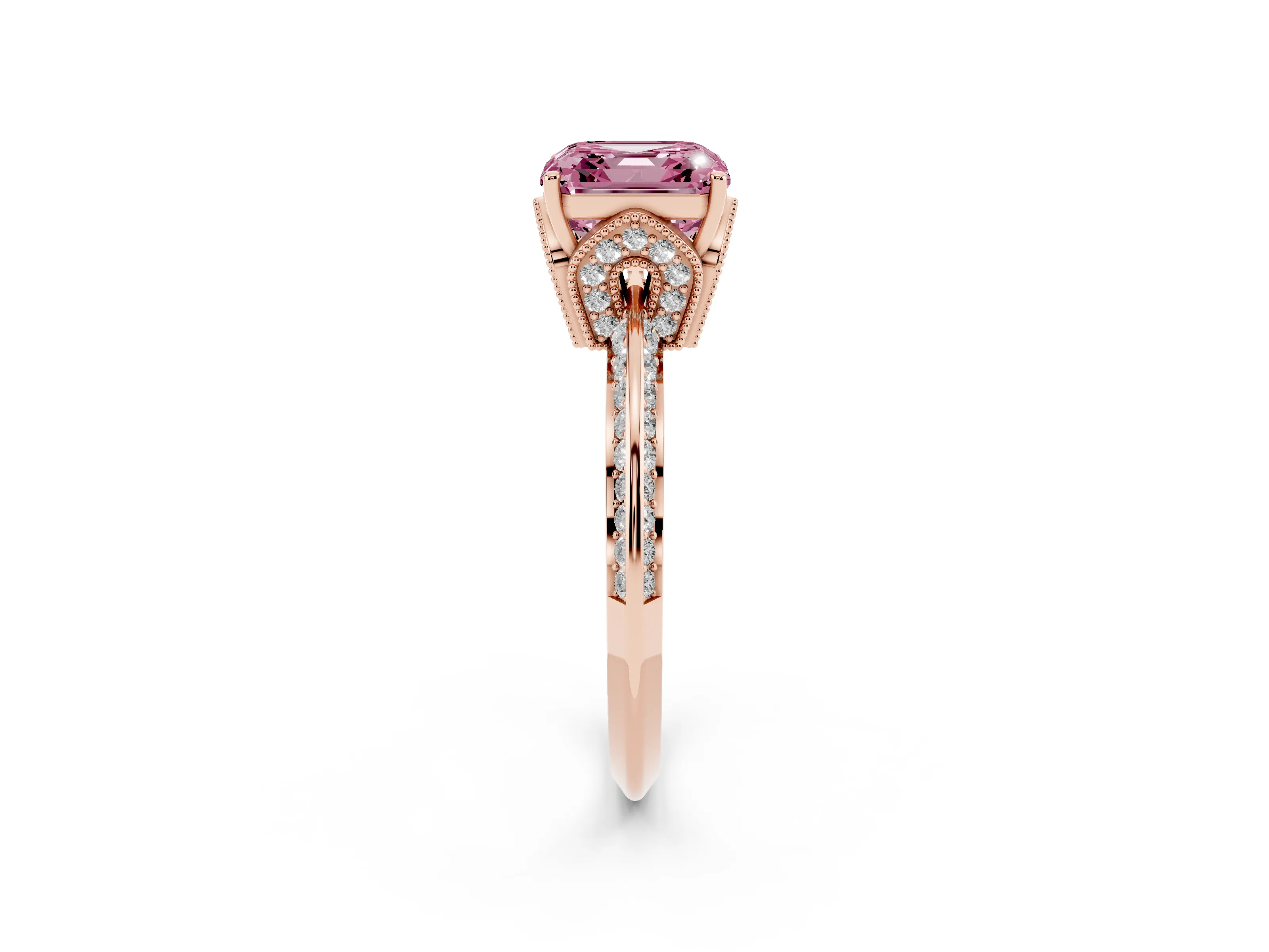 Fancy Pink Asscher Cut Diamond Solitaire Engagement Ring Set in Rose gold with Pavé Split Shank and Prong Setting