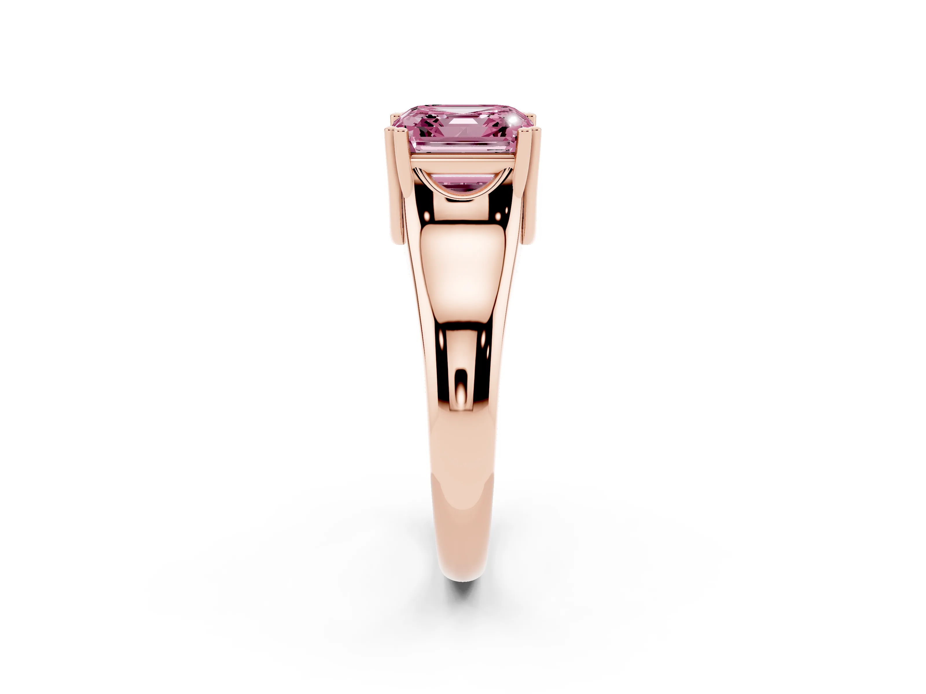 Fancy Pink Asscher Cut Diamond Solitaire Ring Set in Rose gold with Wide Band and Prong Setting