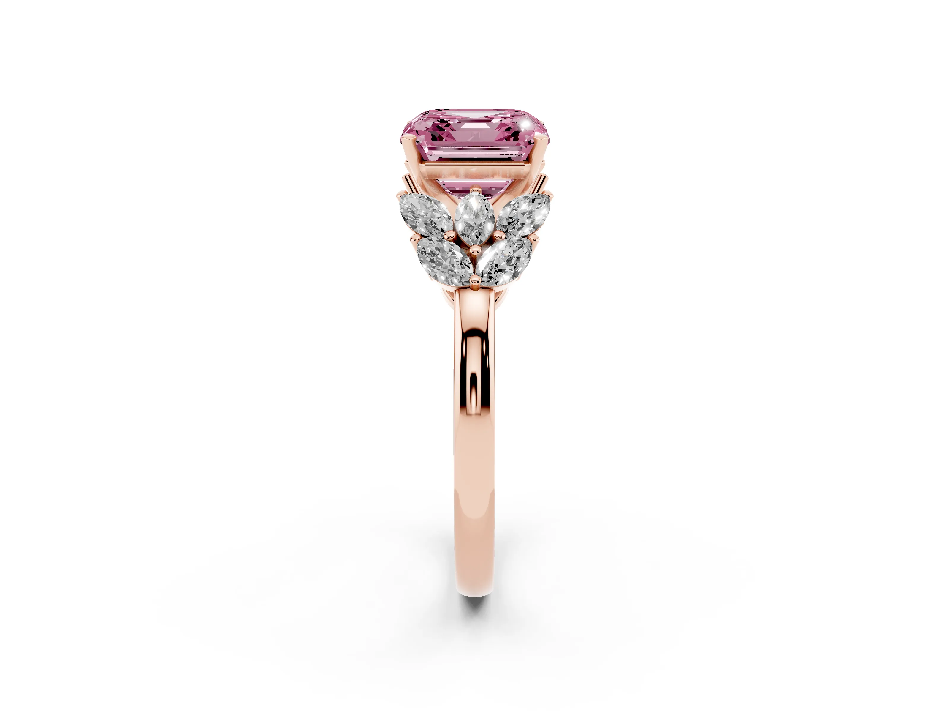 Fancy Pink Asscher Cut Diamond Cluster Leaf Design Ring Set in Rose gold with Prong Setting