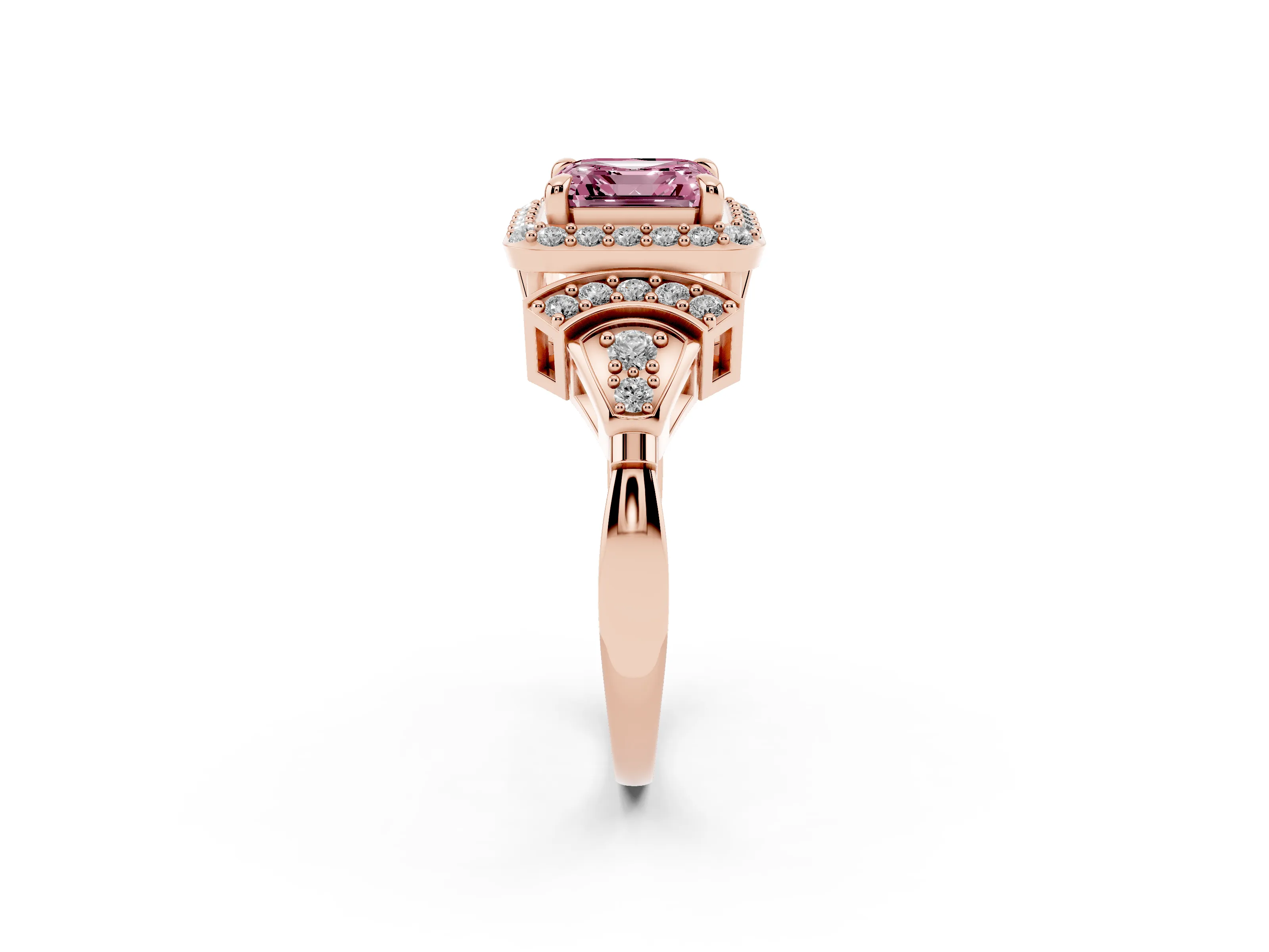 Fancy Pink Asscher Cut Diamond Halo Engagement Ring Set in Rose gold with Accent Stone Split Shank