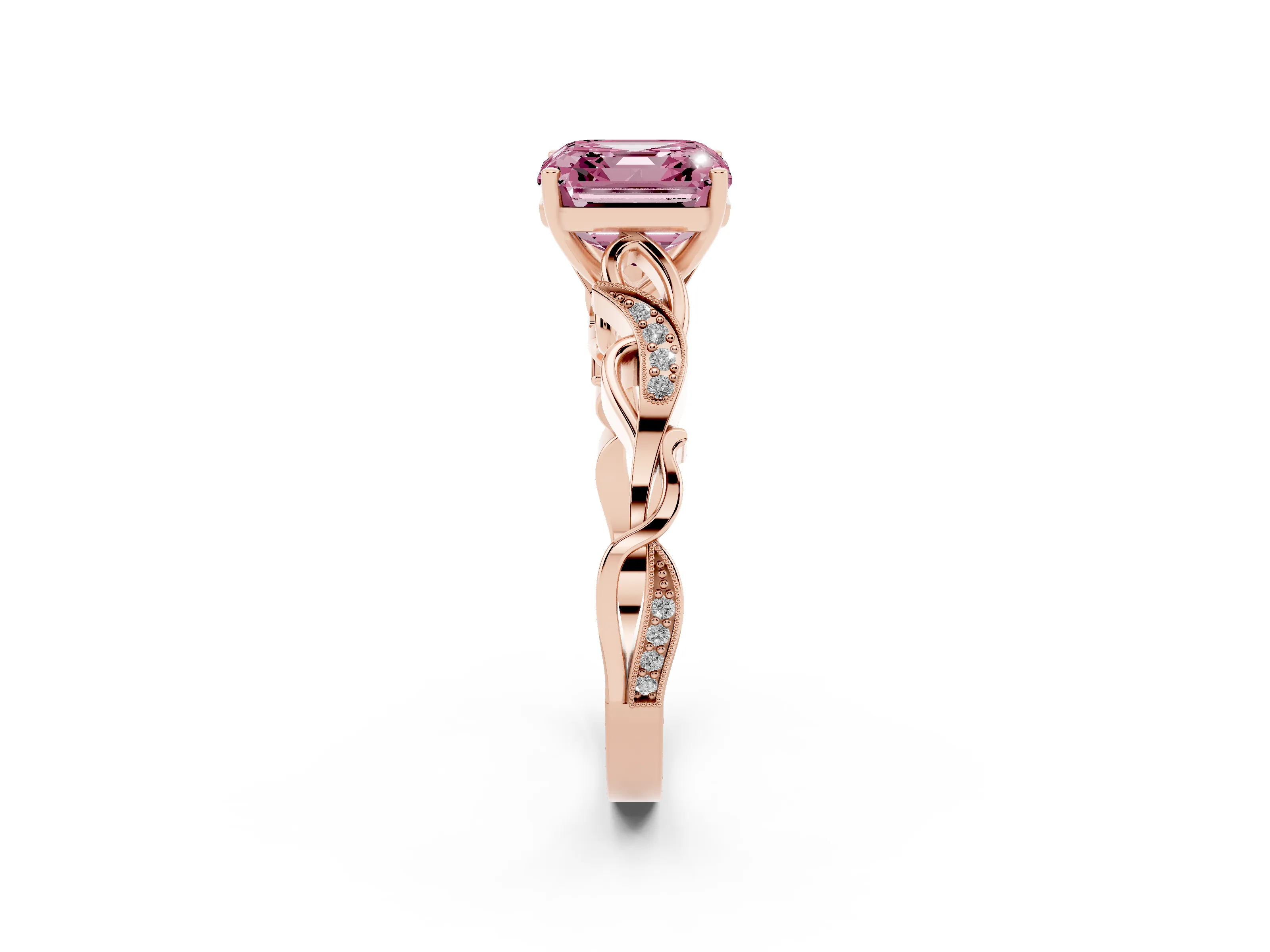 Fancy Pink Asscher Cut Diamond Vine Band Solitaire Ring Set in Rose gold with Milgrain Prong Setting