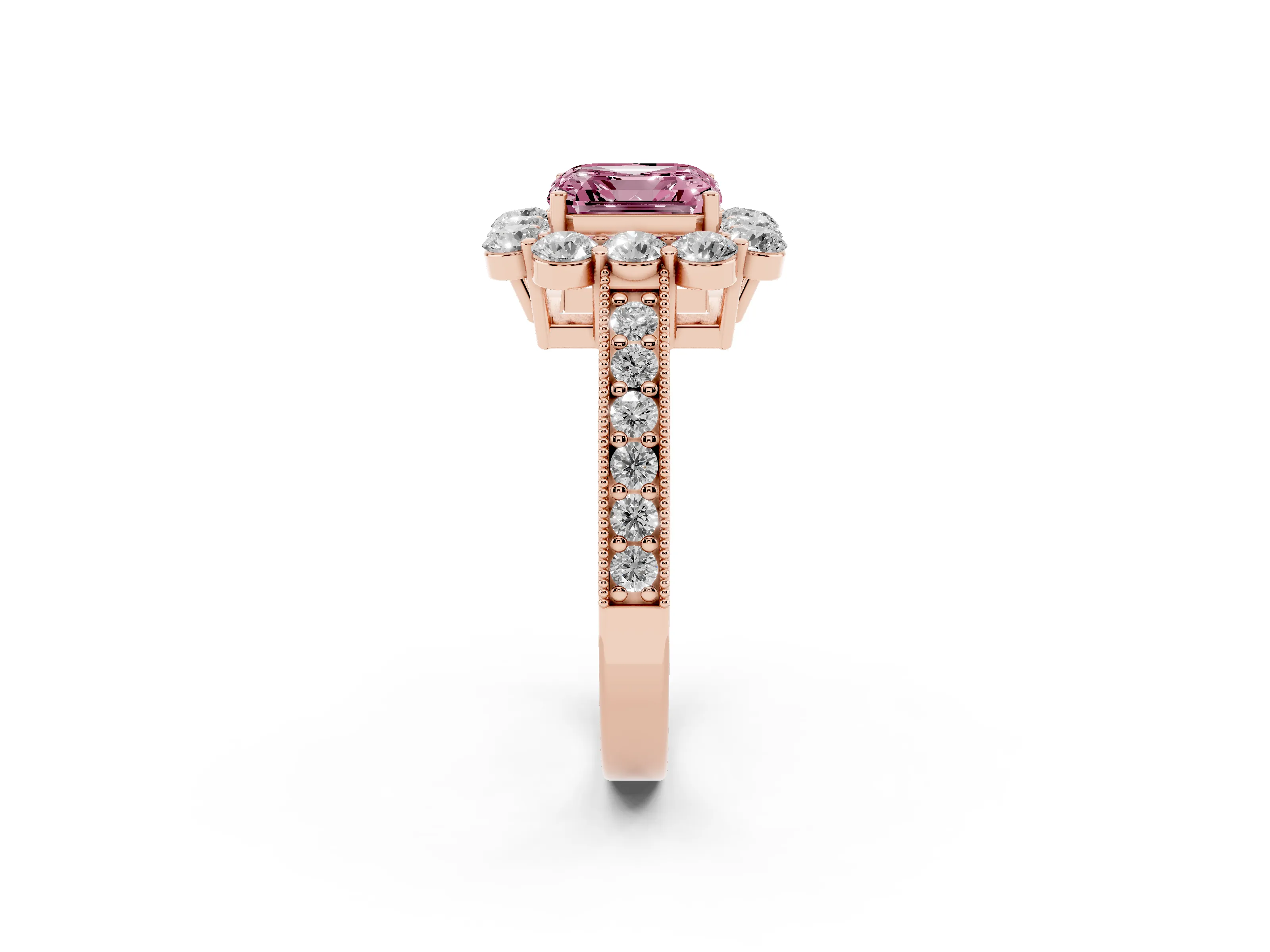 Fancy Pink Asscher Cut Diamond Halo Pavé Engagement Ring Set in Rose gold with Milgrain Detailing