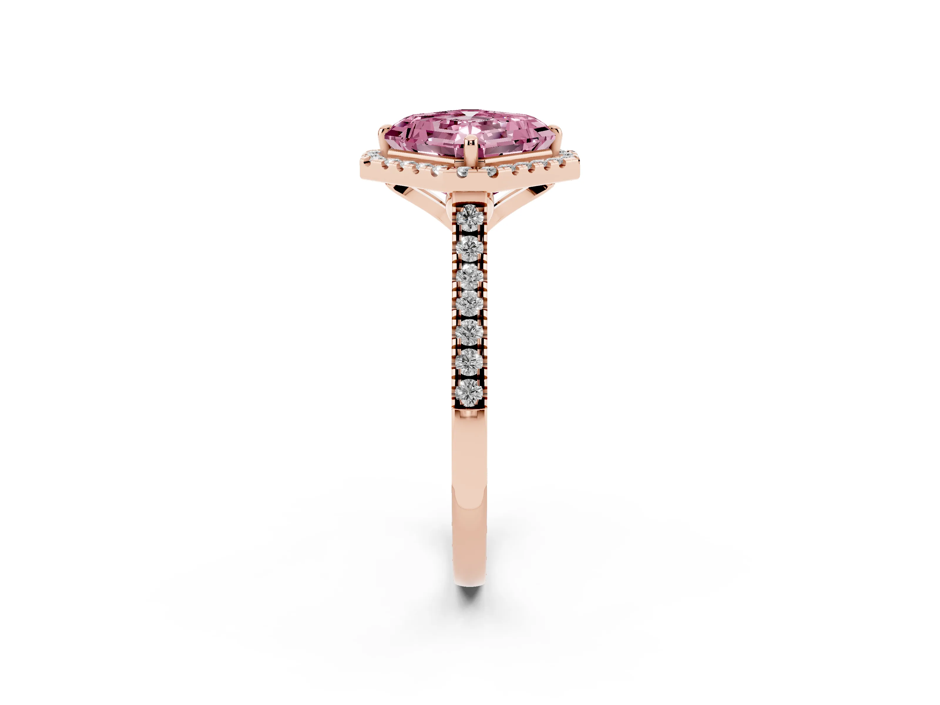 Fancy Pink Asscher Cut Diamond Cushion Halo Ring Set in Rose gold with Pavé Band