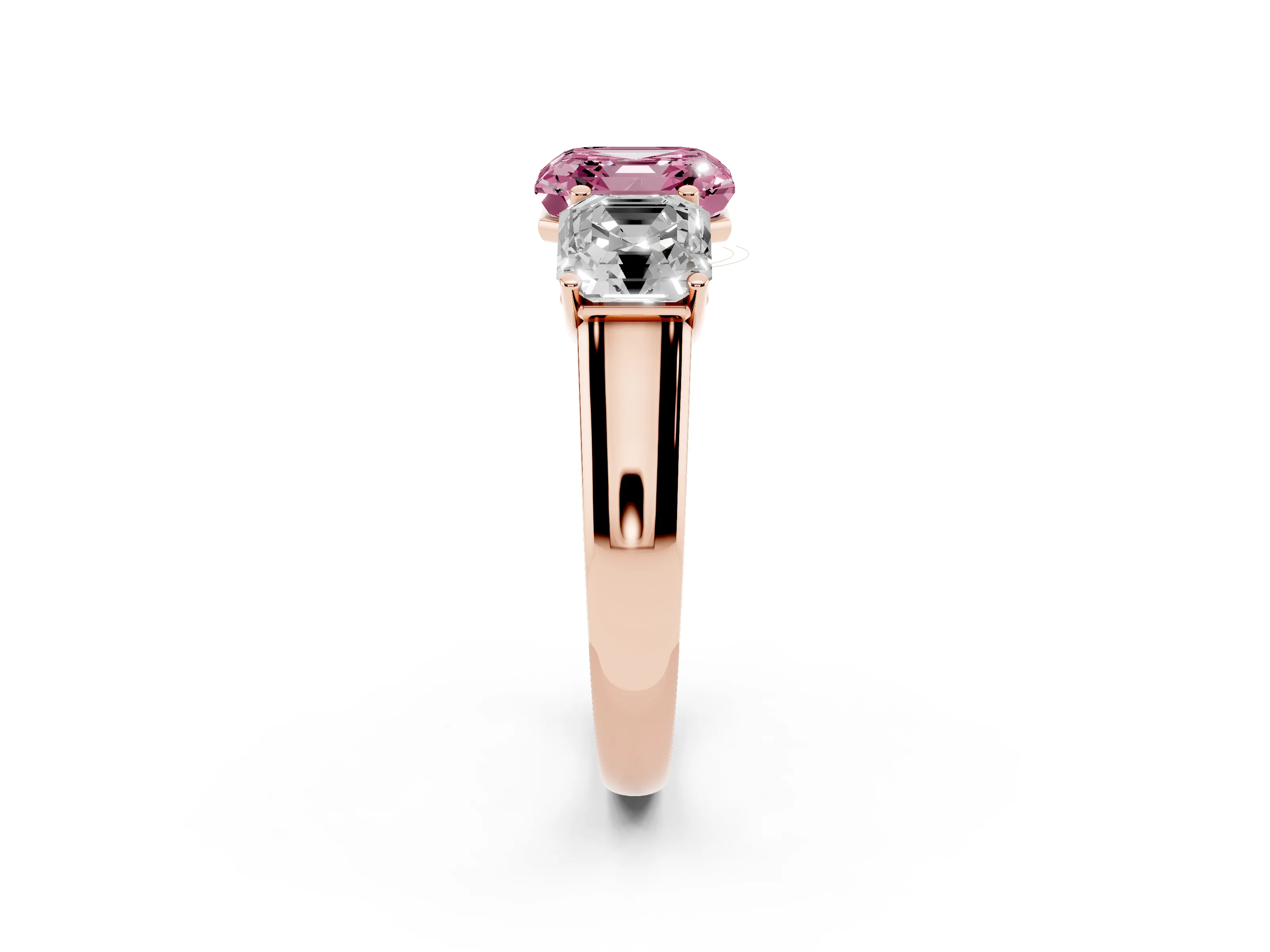 Fancy Pink Asscher Cut Diamond Three-Stone Ring Set in Rose gold with Plain Polished Band