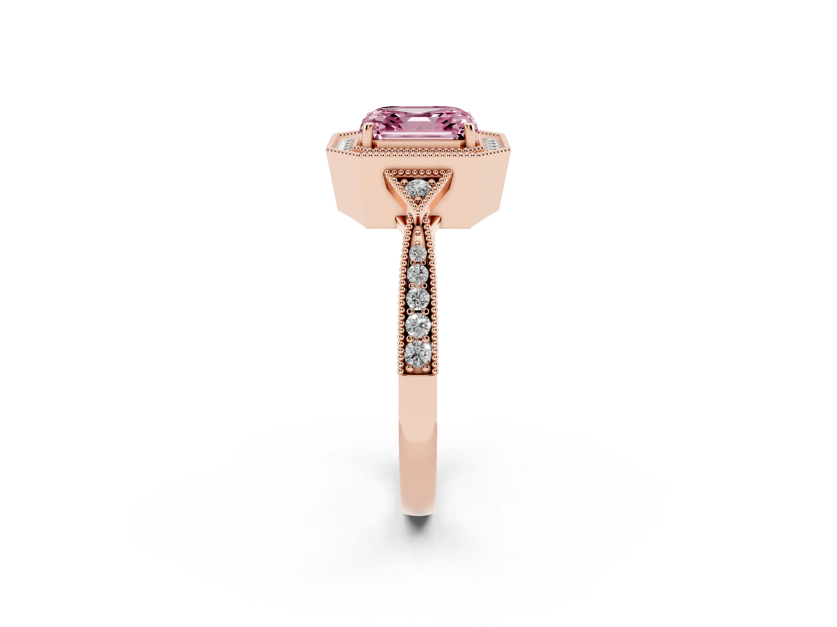 Fancy Pink Asscher Cut Diamond Halo Engagement Ring Set in Rose gold with Milgrain Pavé Band