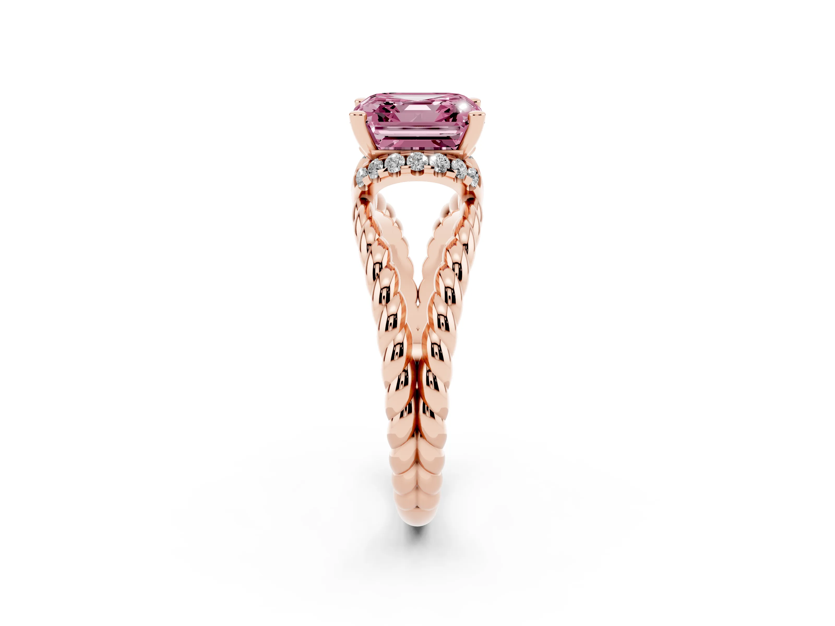 Fancy Pink Asscher Cut Diamond Halo Ring Set in Rose gold with Twisted Band and Prong Setting