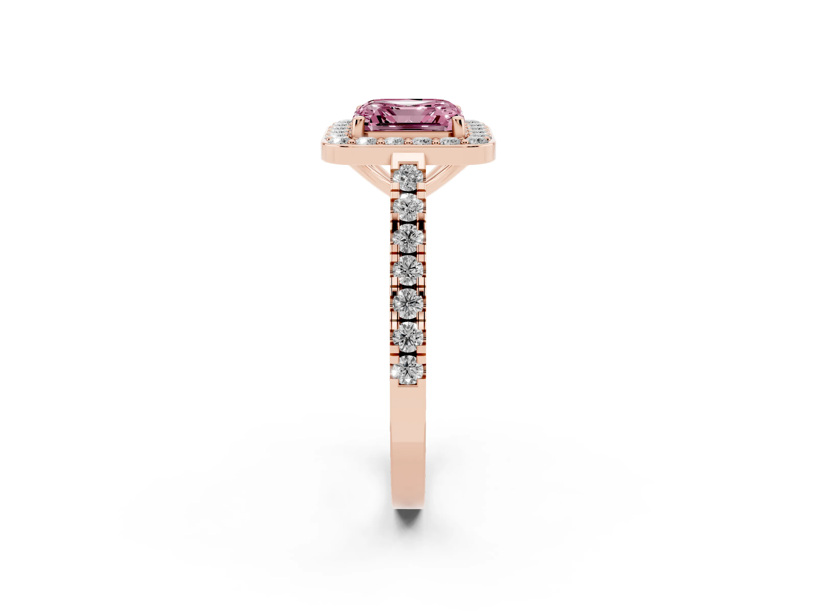 Fancy Pink Asscher Cut Diamond Halo Ring Set in Rose gold with Round Pavé Split Shank and Prong Setting