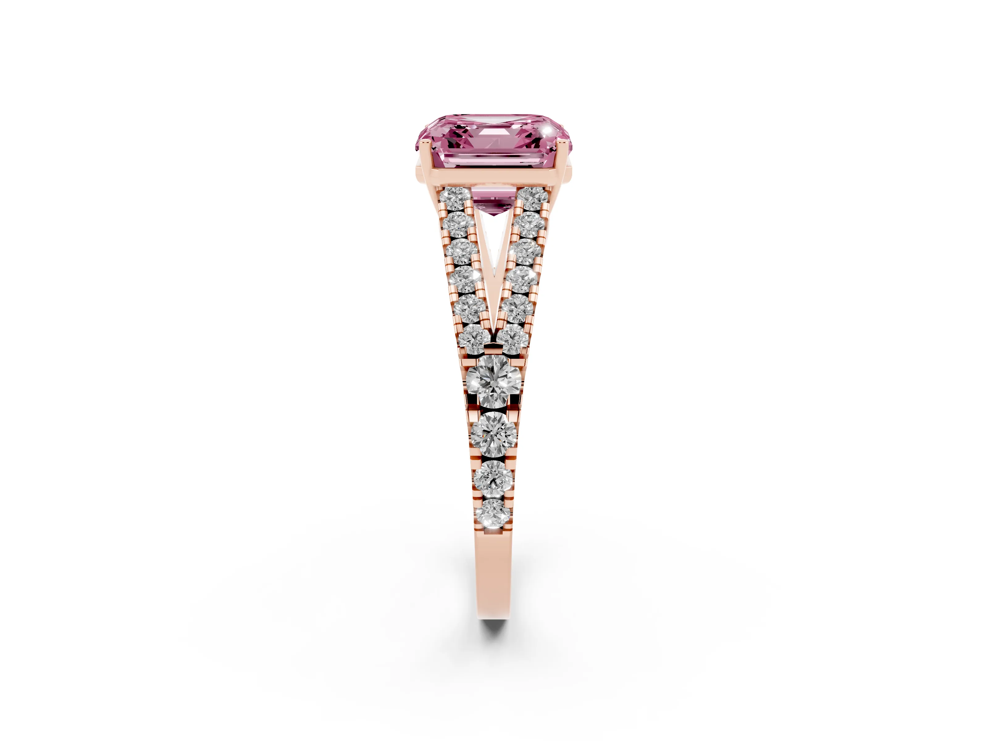 Fancy Pink Asscher Cut Diamond Split Shank Pavé Engagement Ring Set in Rose gold with Prong-Held Center Stone