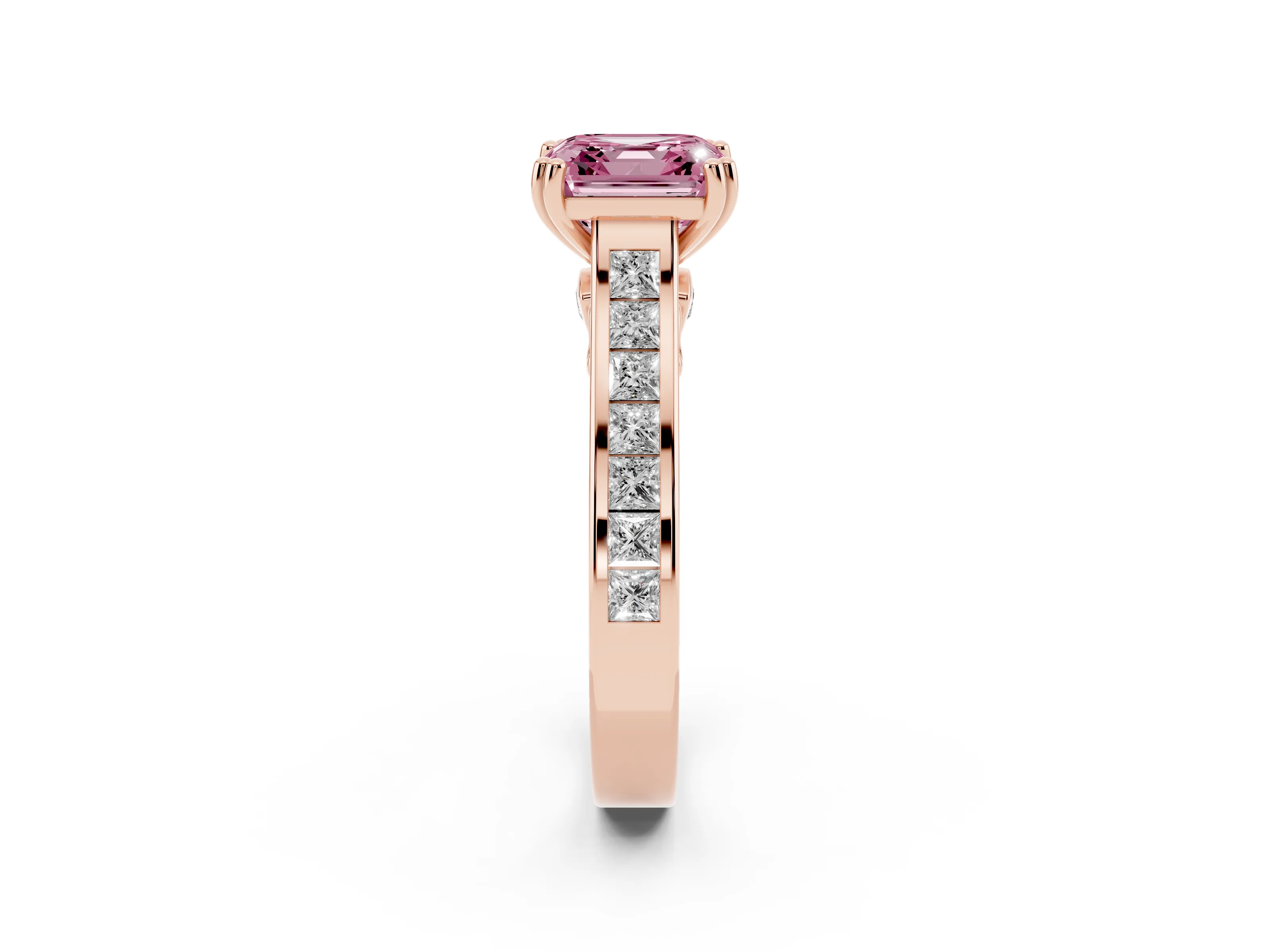 Fancy Pink Asscher Cut Diamond Channel Set Solitaire Engagement Ring Set in Rose gold with Prong Setting