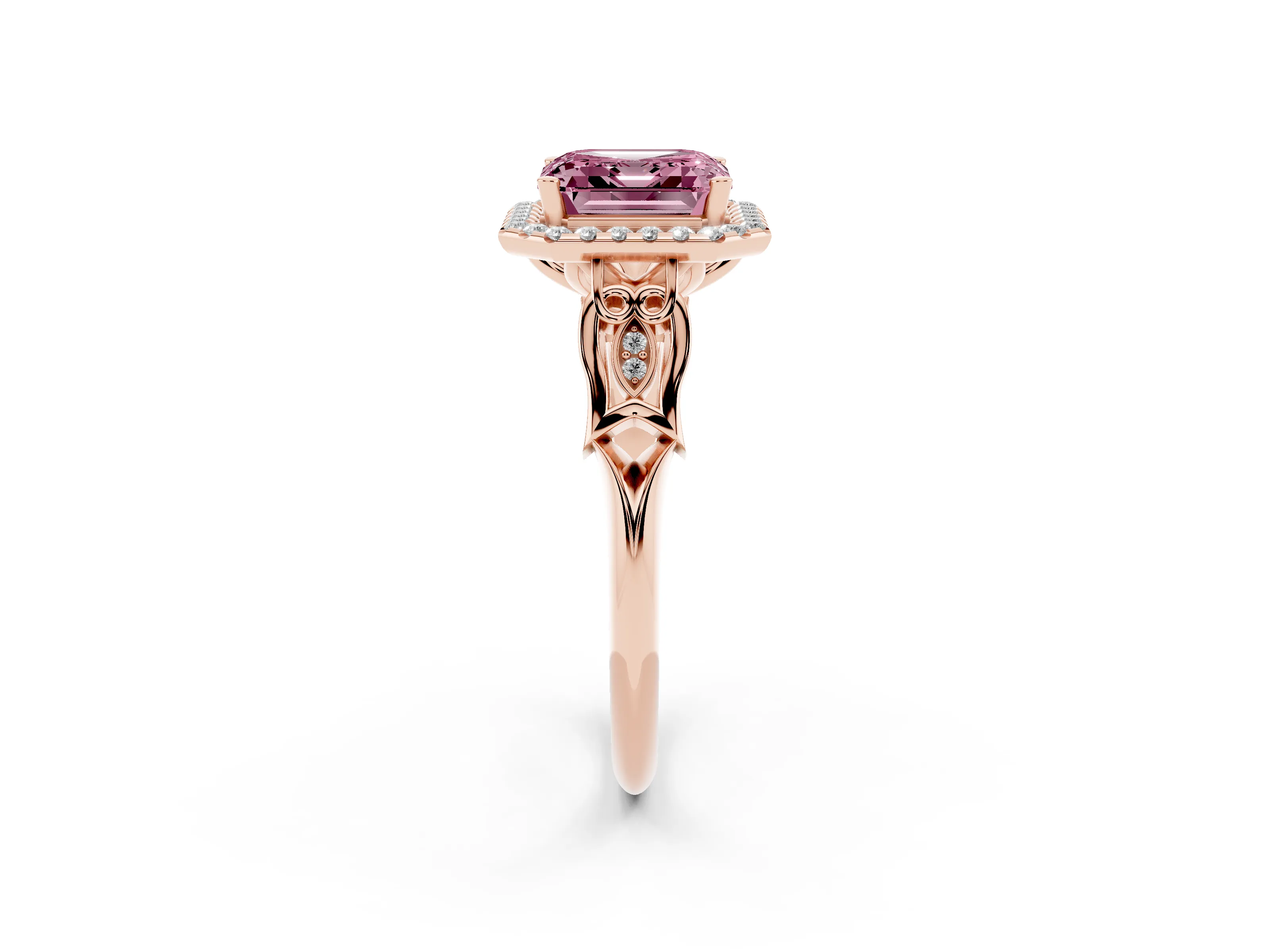 Fancy Pink Asscher Cut Diamond Halo Engagement Ring Set in Rose gold with Filigree Band and Prong-Set Center