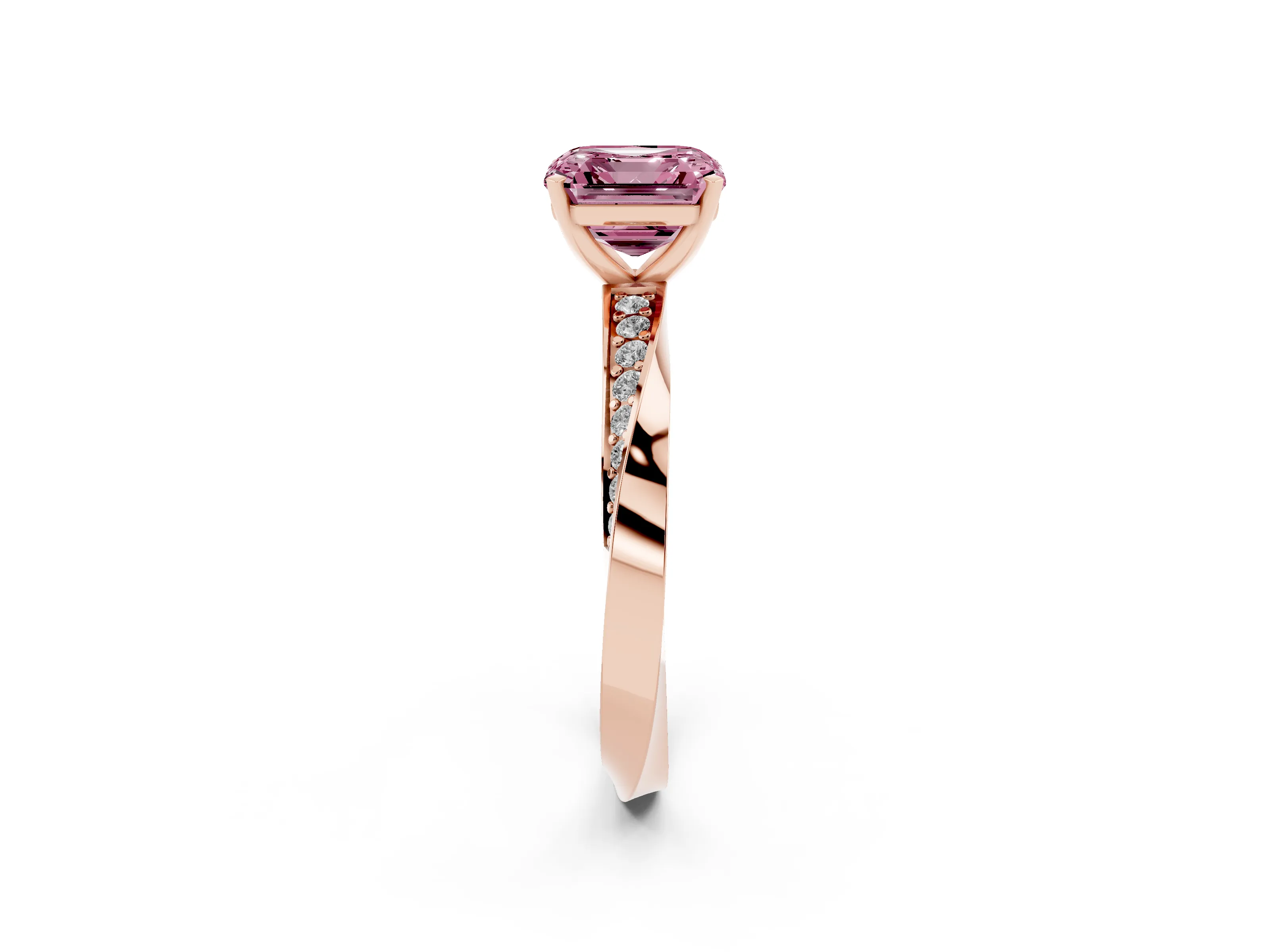 Fancy Pink Asscher Cut Diamond Engagement Ring Set in Rose gold with Side Stone Accents and Prong Setting
