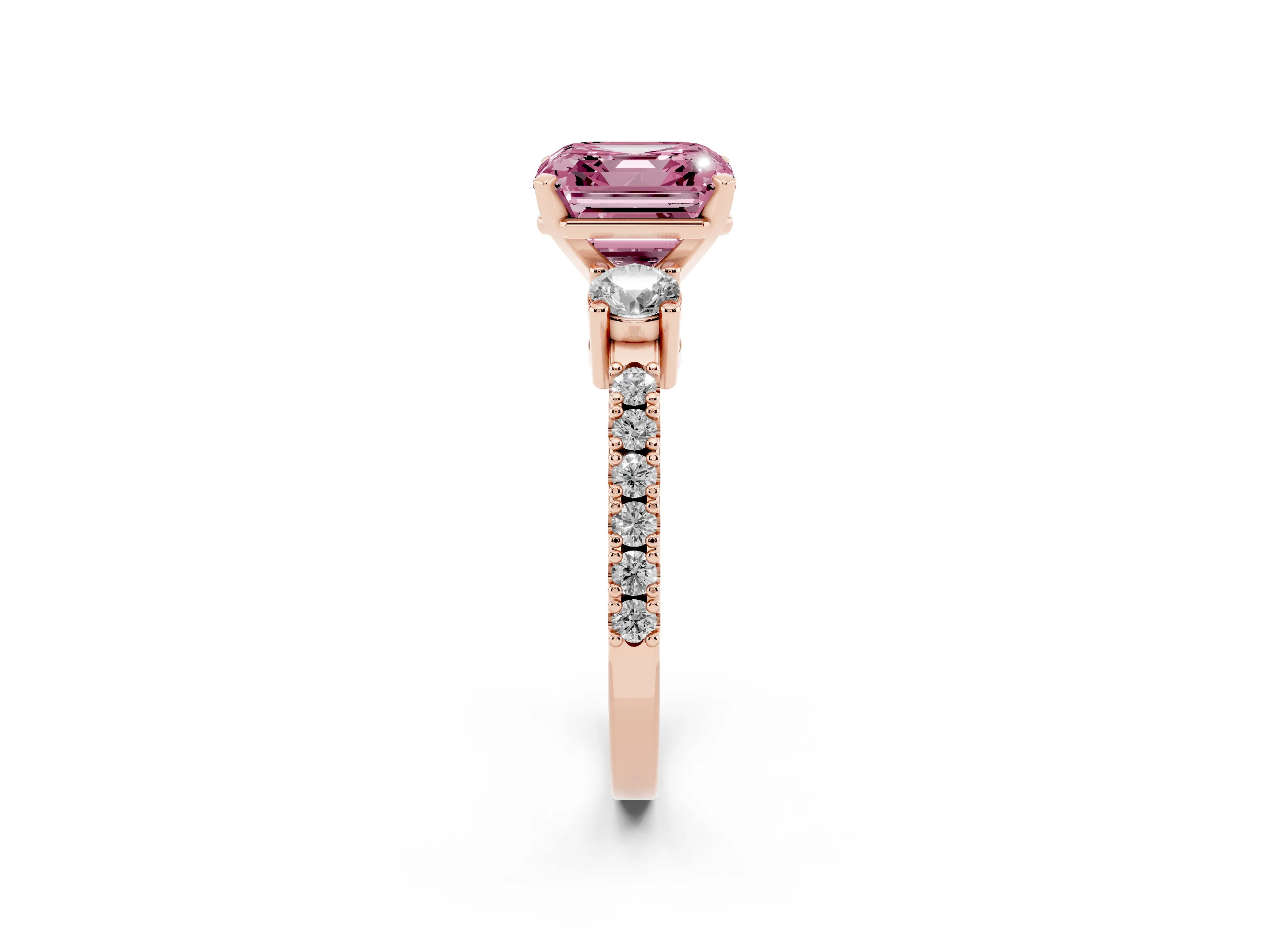 Fancy Pink Three-Stone Asscher Cut Diamond Pavé Band Ring Set in Rose gold with Prong Setting