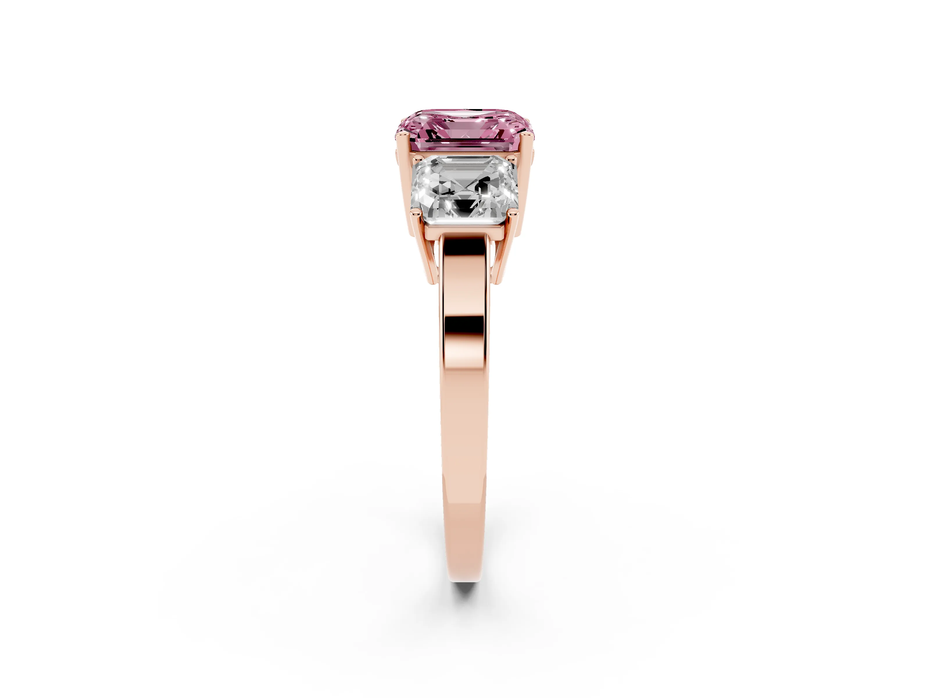 Fancy Pink Asscher Cut Diamond Three-Stone Engagement Ring Set in Rose gold with Flat Band