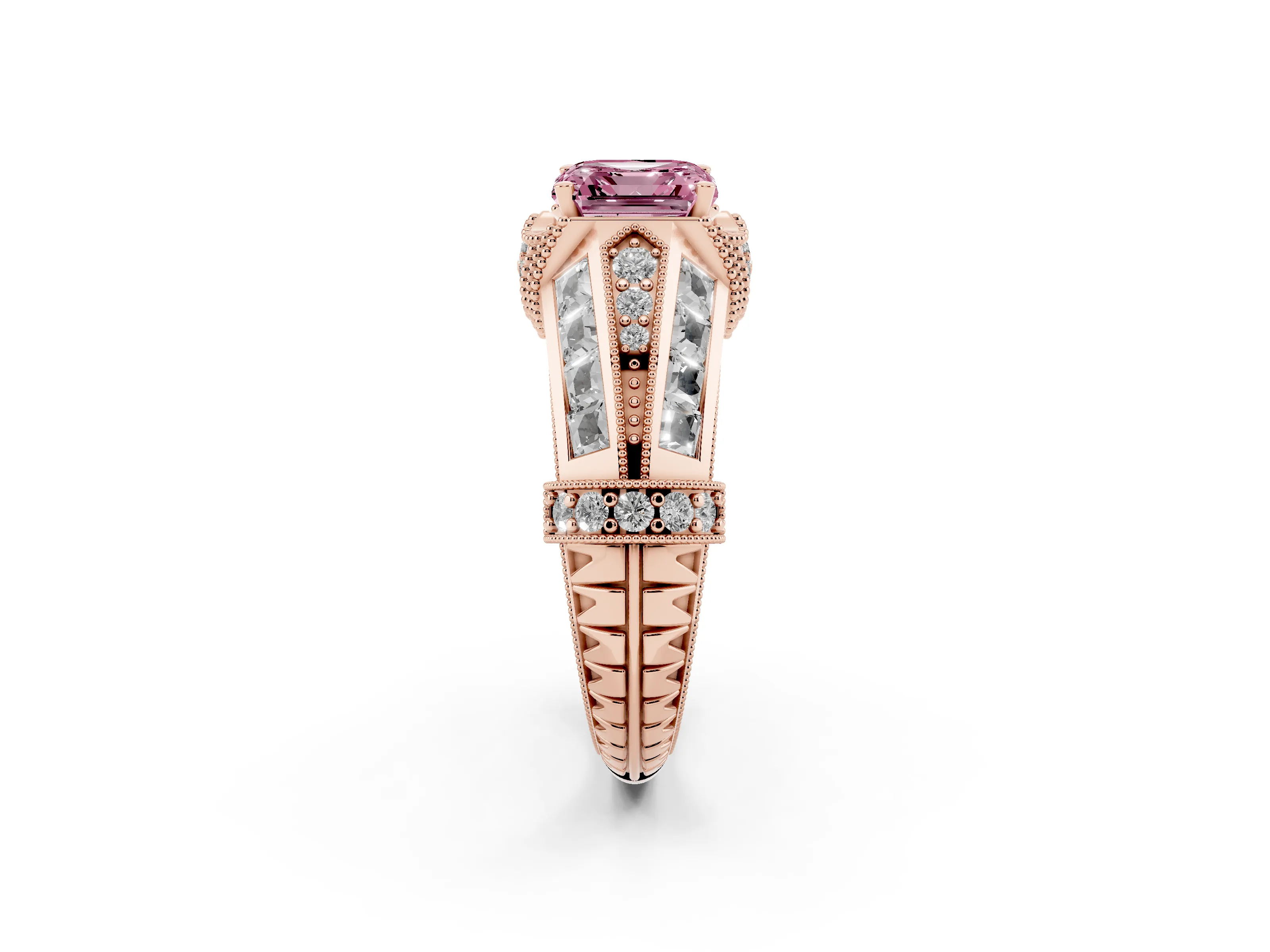 Fancy Pink Asscher Cut Diamond Vintage-Inspired Milgrain Ring Set in Rose gold with Accent Split Shank
